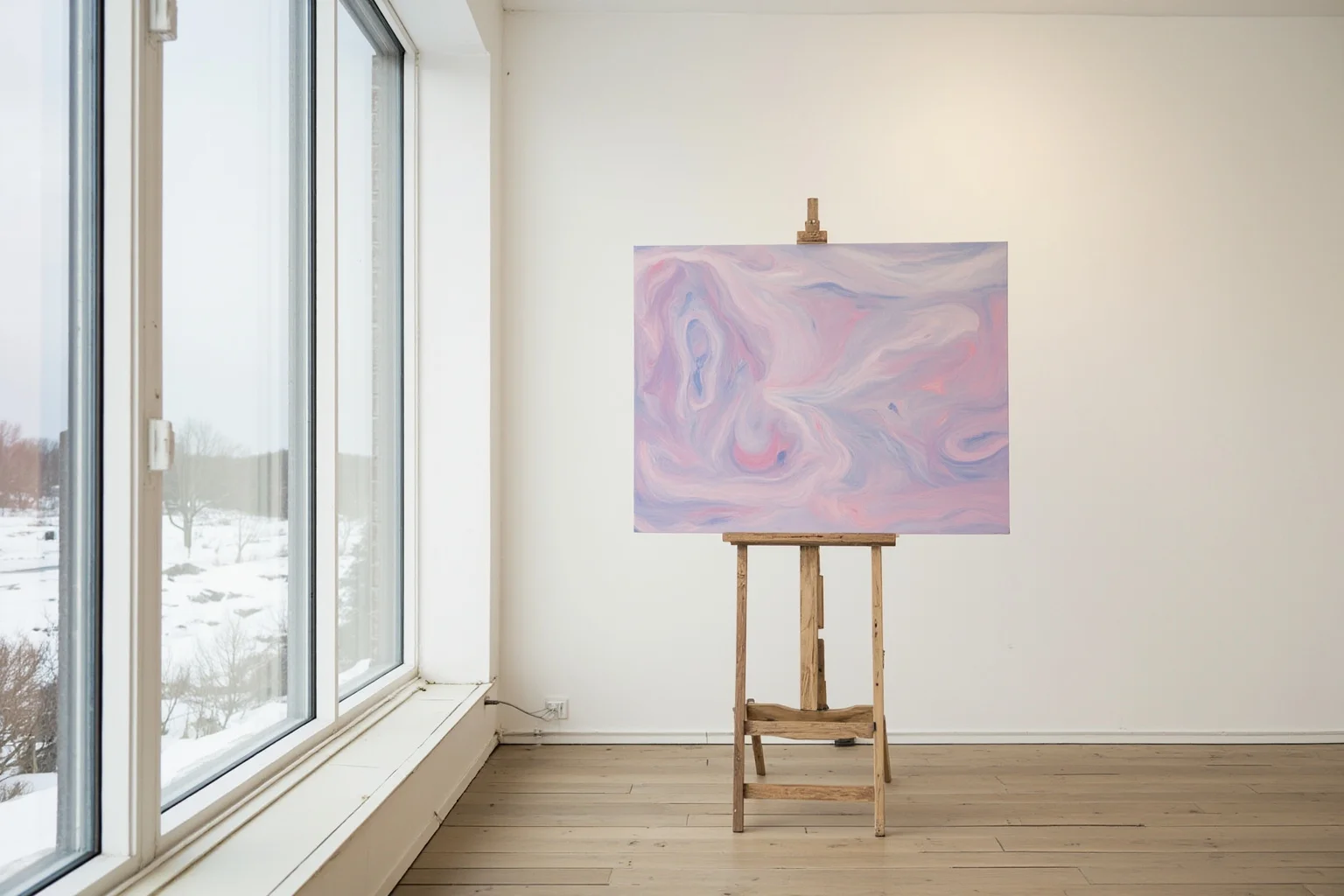 Norwegian gallery interior in winter light, an easel-like empty spot on a pale wall beside a window, swirling pastel sky outside, expressive painterly style.