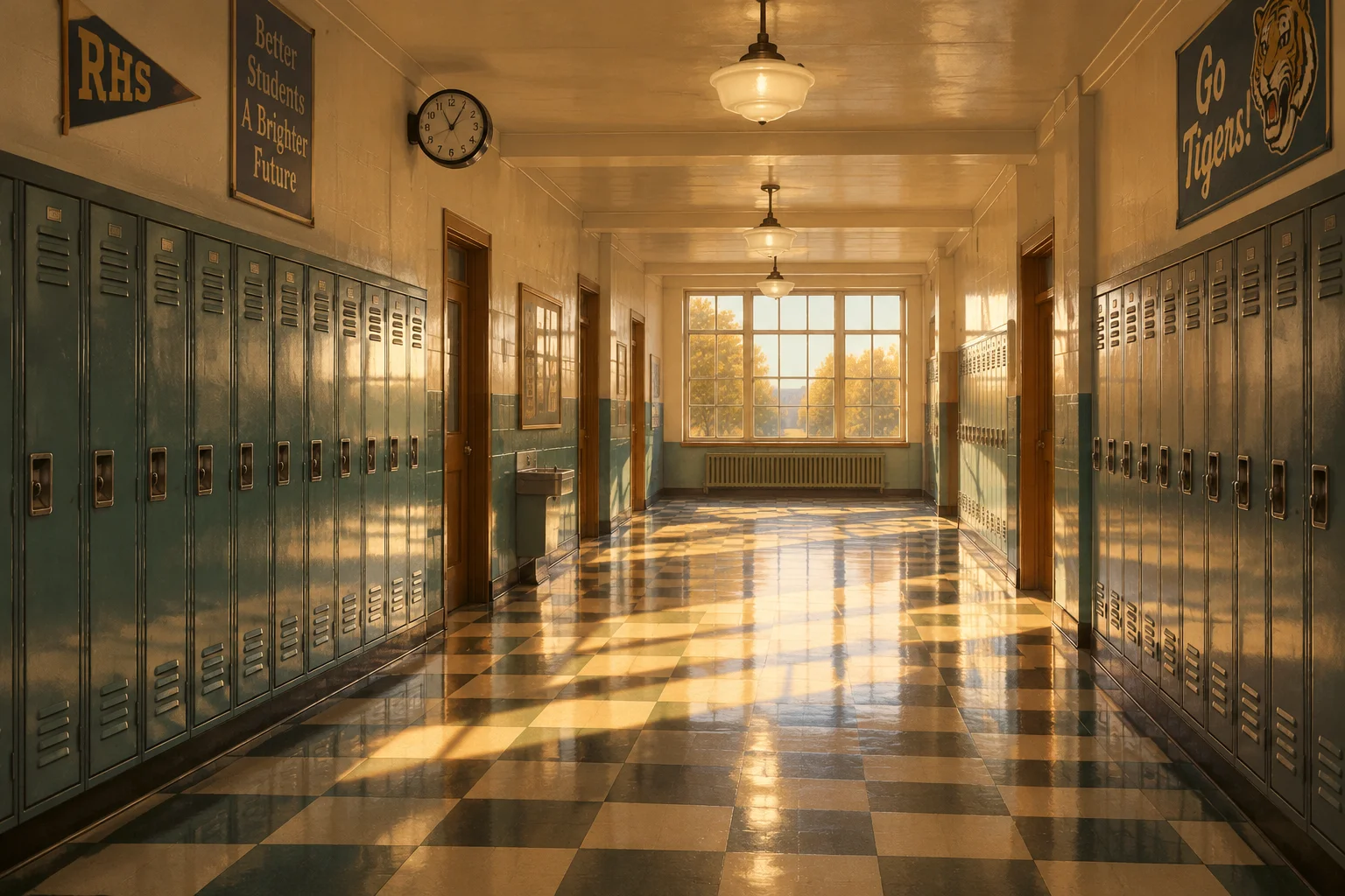 Nostalgic illustration of an empty 1960s high school hallway with metal lockers and a checkered floor, warm afternoon light, mid-century atmosphere.
