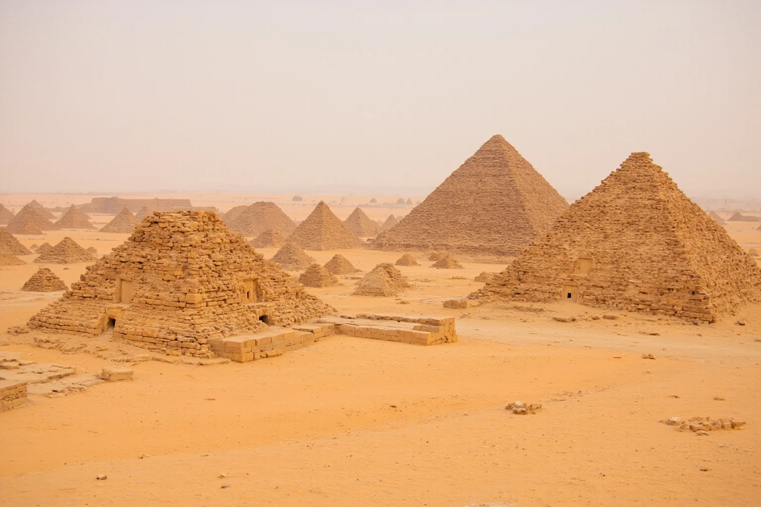 22 Most Famous Pyramids in the World 20 Nubian pyramids at Meroe in Sudan, with many small steep sandstone pyramids spread across desert sand.