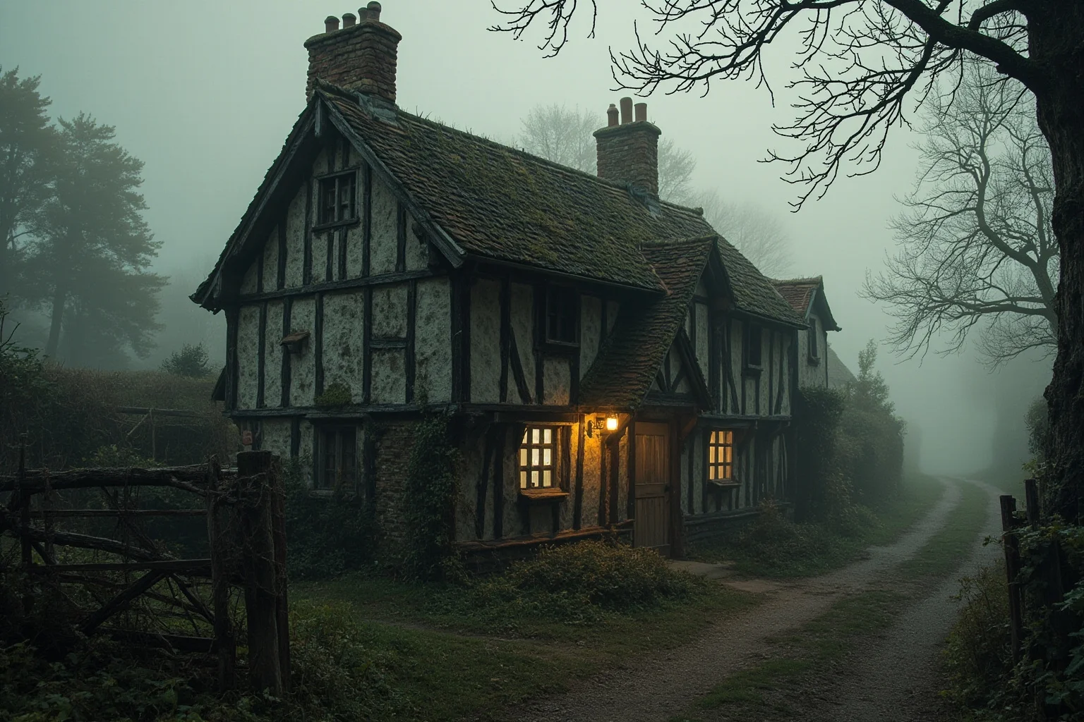 Old English cottage with a woodcut of a prophetess and a broadside ballad predicting doom, foggy village setting