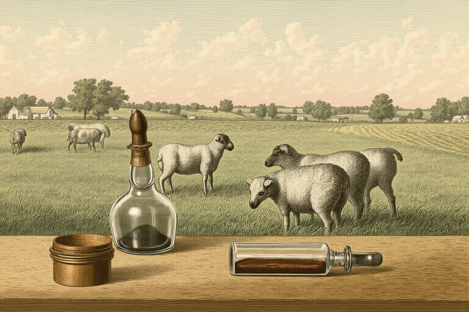 Old farm field with sheep and a vintage glass vial on a wooden table, 1880s veterinary science illustration style