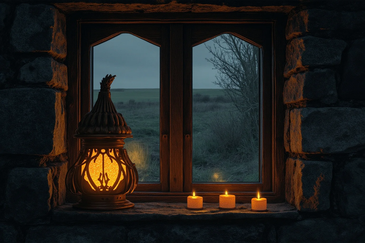 Old manuscript illustration style scene of a carved turnip lantern glowing on a cottage windowsill in rural Ireland, candlelight, moody atmosphere, no text