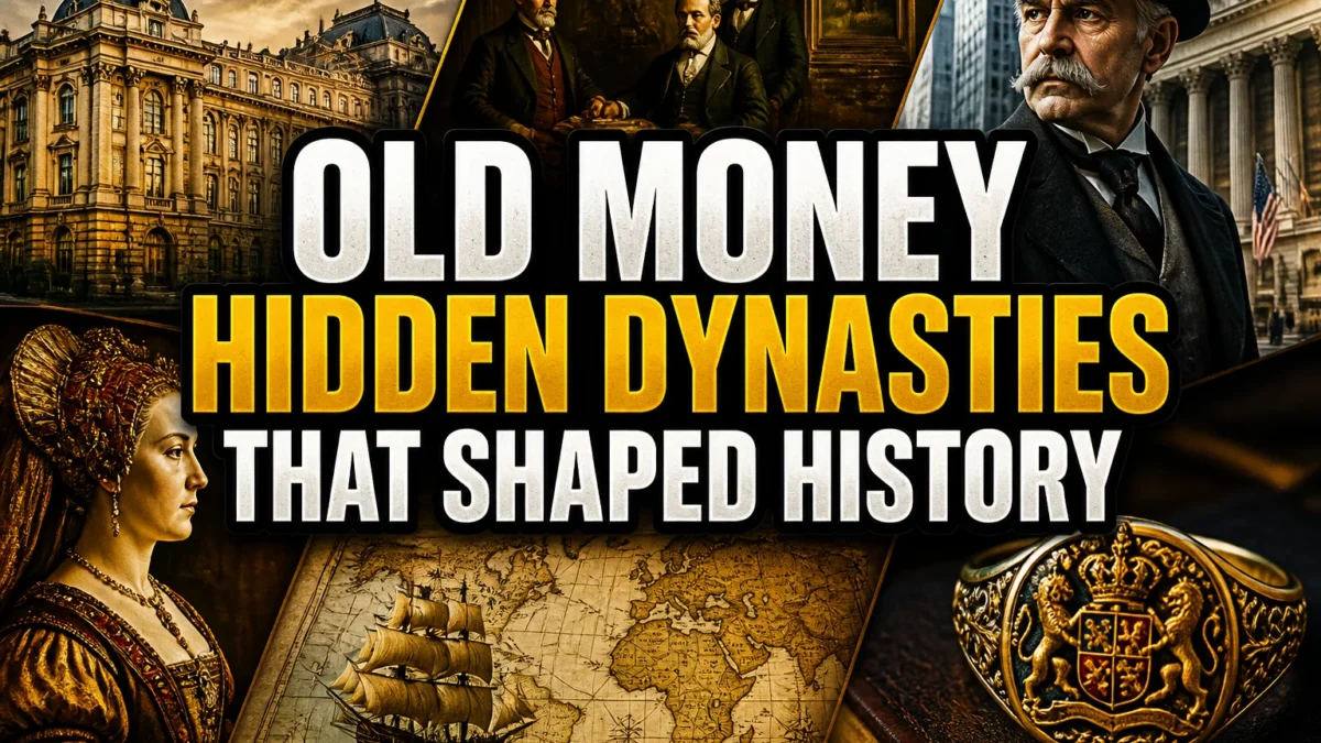 A bold, high-impact blog featured image in the style of a professional YouTube thumbnail or documentary poster. Create a dramatic photo-collage montage of 3-5 distinct historical scenes, subjects, or artifacts directly relevant to "Old Money: 24 Hidden Dynasties That Shaped the Course of History" — vivid, cinematic documentary-photography style, rich color grading, high contrast, dynamic diagonal composition blending the scenes together. Overlay a large, bold, stacked headline of text on top reading exactly: "OLD MONEY HIDDEN DYNASTIES THAT SHAPED HISTORY". Render the headline in a heavy, condensed, high-contrast font with a black outline/stroke for legibility, mixing white text with a single vibrant accent color (gold, red, or orange) on the most important word or phrase for emphasis, spelled correctly. The headline text must be the dominant visual element — large, bold, and easy to read even at small thumbnail size. Vibrant, punchy, professional commercial photography and graphic-design composition. 16:9 landscape. Keep the headline text within the vertical center safe zone, away from the very top and bottom edges of the frame, since the image may be cropped afterward. No watermarks, no logos, no extra captions or invented text beyond the headline itself.
