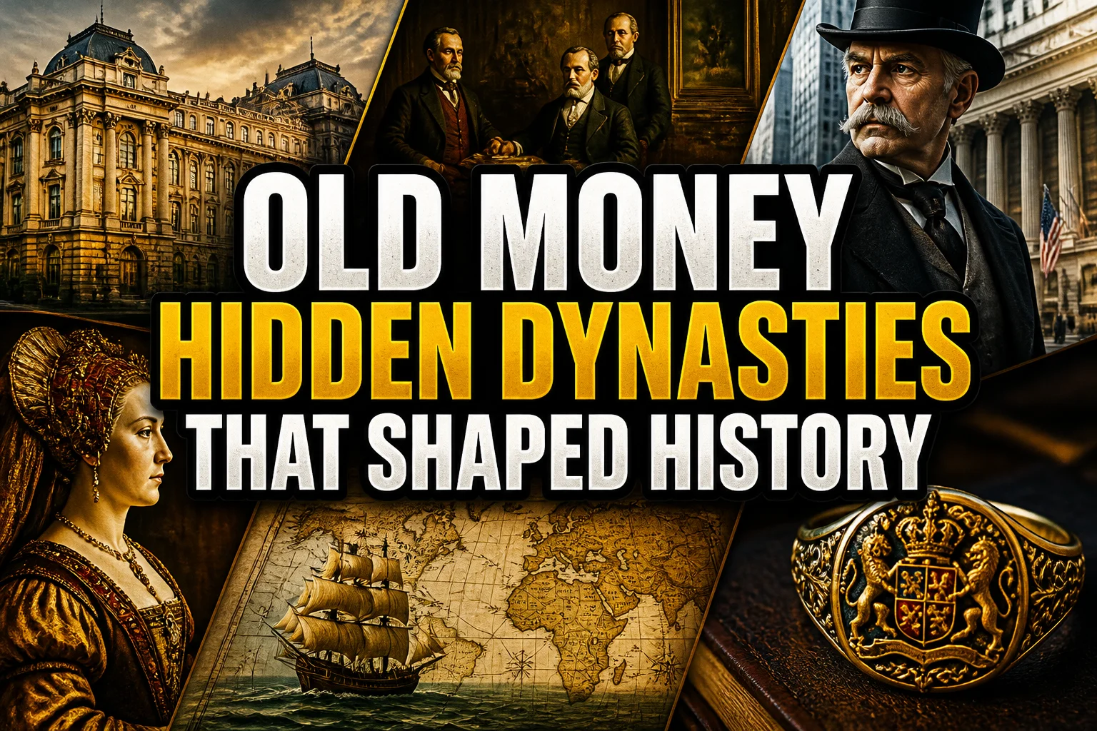 Old Money: 24 Hidden Dynasties That Shaped the Course of History 2 A bold, high-impact blog featured image in the style of a professional YouTube thumbnail or documentary poster. Create a dramatic photo-collage montage of 3-5 distinct historical scenes, subjects, or artifacts directly relevant to "Old Money: 24 Hidden Dynasties That Shaped the Course of History" — vivid, cinematic documentary-photography style, rich color grading, high contrast, dynamic diagonal composition blending the scenes together. Overlay a large, bold, stacked headline of text on top reading exactly: "OLD MONEY HIDDEN DYNASTIES THAT SHAPED HISTORY". Render the headline in a heavy, condensed, high-contrast font with a black outline/stroke for legibility, mixing white text with a single vibrant accent color (gold, red, or orange) on the most important word or phrase for emphasis, spelled correctly. The headline text must be the dominant visual element — large, bold, and easy to read even at small thumbnail size. Vibrant, punchy, professional commercial photography and graphic-design composition. 16:9 landscape. Keep the headline text within the vertical center safe zone, away from the very top and bottom edges of the frame, since the image may be cropped afterward. No watermarks, no logos, no extra captions or invented text beyond the headline itself.
