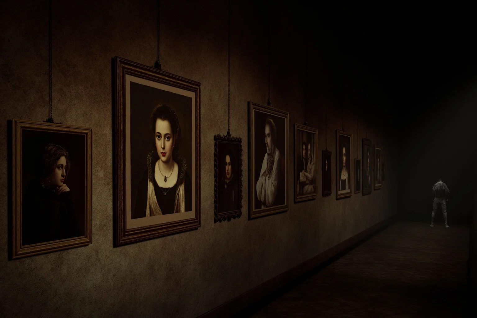 20 Facts About Anne Boleyn: Myths, History and Real Life 21 Old Tudor portrait gallery with several different painted portraits of a Tudor woman hanging side by side, and a faint ghostly silhouette in a misty castle corridor
