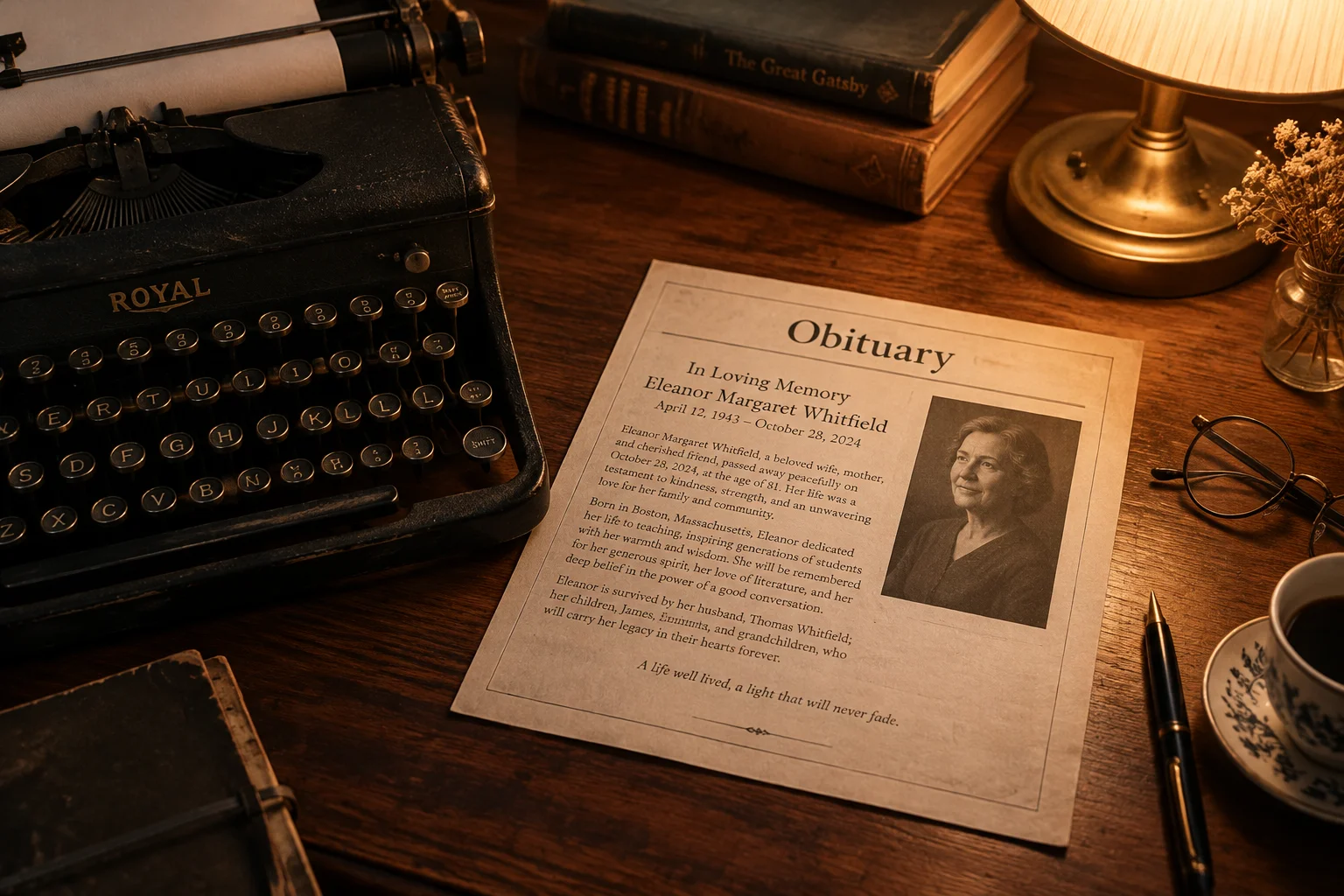 Old typewriter and a printed obituary page on a wooden desk, literary atmosphere, warm lamplight