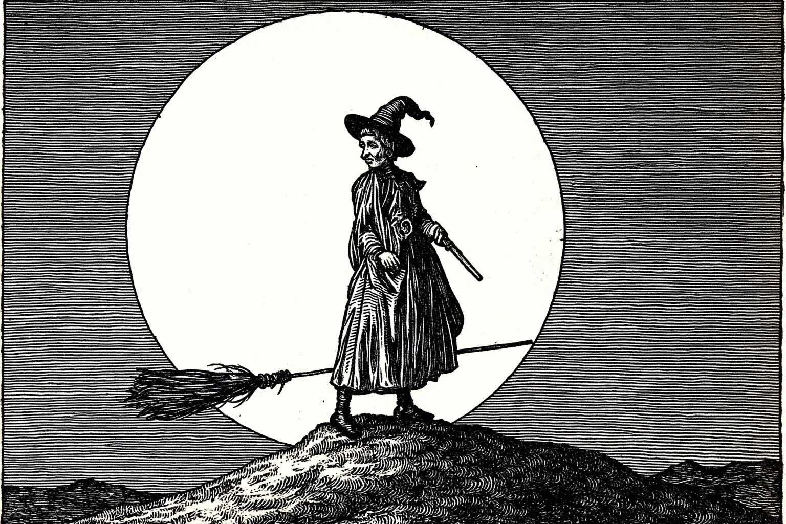 Old woodcut-style illustration of a witch figure with a broomstick silhouette against a full moon, stylized and historical, no text