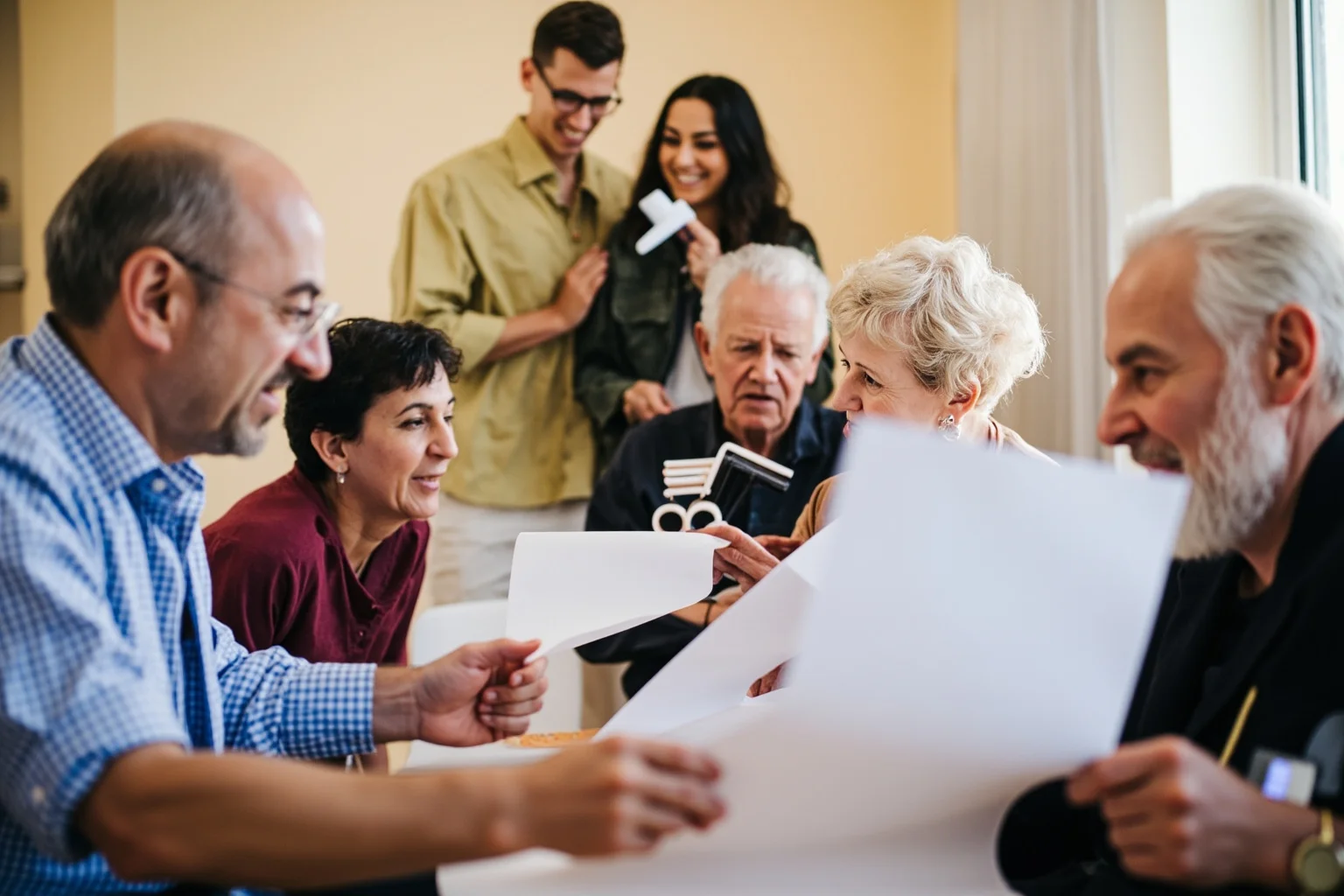 Older adults gathered at a community center reviewing retirement papers, with a stroller icon and young adults in the background