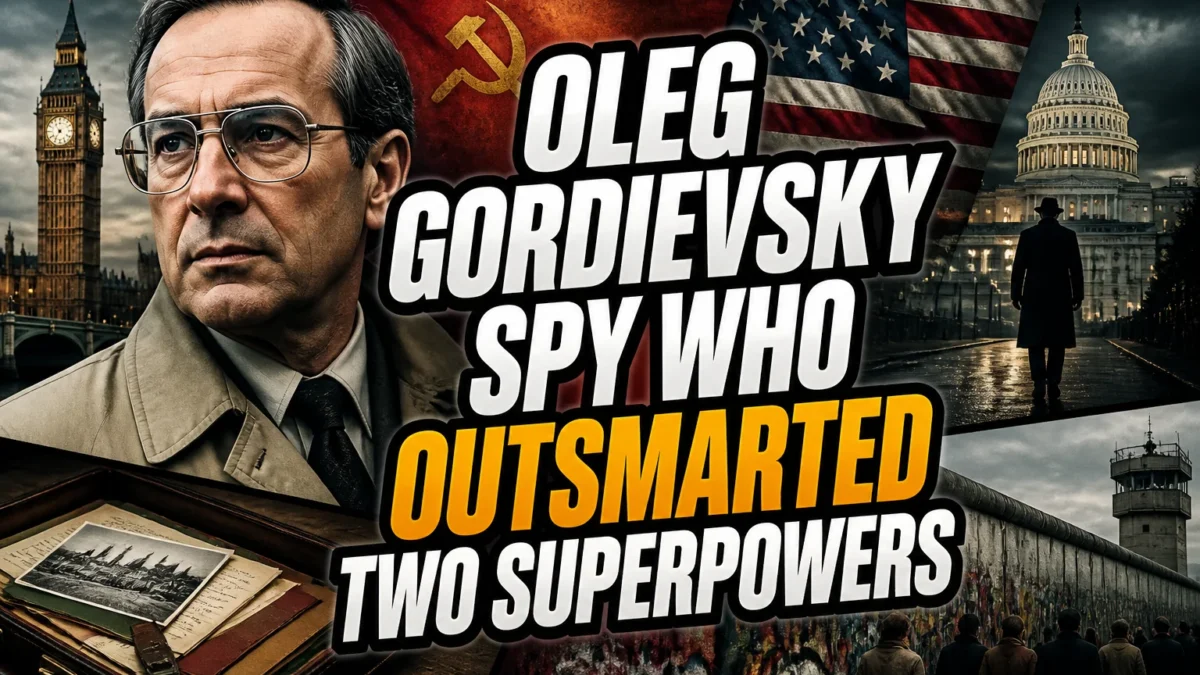 A bold, high-impact blog featured image in the style of a professional YouTube thumbnail or documentary poster. Create a dramatic photo-collage montage of 3-5 distinct historical scenes, subjects, or artifacts directly relevant to "Oleg Gordievsky: The Spy Who Outsmarted Two Superpowers" — vivid, cinematic documentary-photography style, rich color grading, high contrast, dynamic diagonal composition blending the scenes together. Overlay a large, bold, stacked headline of text on top reading exactly: "OLEG GORDIEVSKY SPY WHO OUTSMARTED TWO SUPERPOWERS". Render the headline in a heavy, condensed, high-contrast font with a black outline/stroke for legibility, mixing white text with a single vibrant accent color (gold, red, or orange) on the most important word or phrase for emphasis, spelled correctly. The headline text must be the dominant visual element — large, bold, and easy to read even at small thumbnail size. Vibrant, punchy, professional commercial photography and graphic-design composition. 16:9 landscape. Keep the headline text within the vertical center safe zone, away from the very top and bottom edges of the frame, since the image may be cropped afterward. No watermarks, no logos, no extra captions or invented text beyond the headline itself.