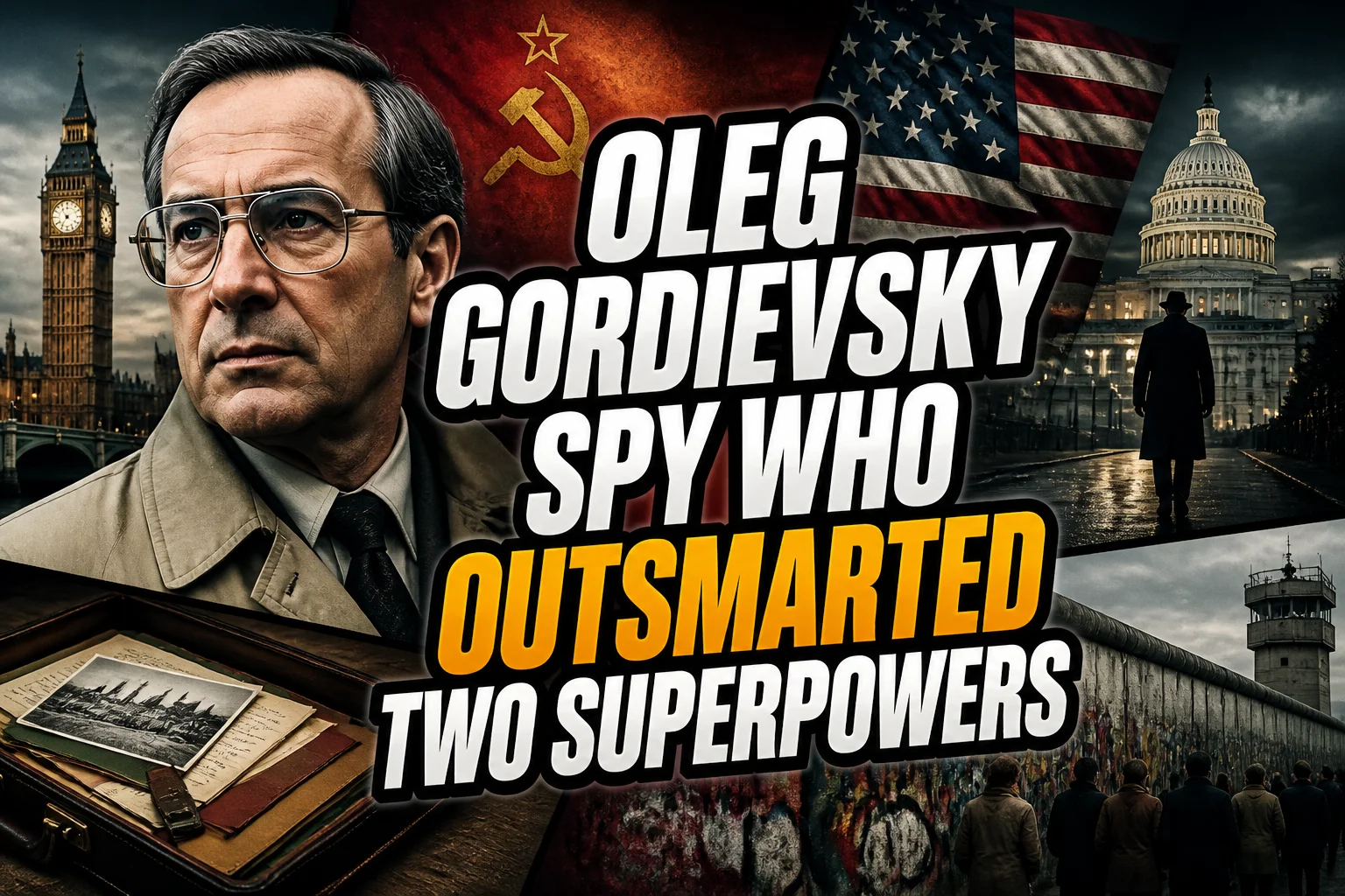 A bold, high-impact blog featured image in the style of a professional YouTube thumbnail or documentary poster. Create a dramatic photo-collage montage of 3-5 distinct historical scenes, subjects, or artifacts directly relevant to "Oleg Gordievsky: The Spy Who Outsmarted Two Superpowers" — vivid, cinematic documentary-photography style, rich color grading, high contrast, dynamic diagonal composition blending the scenes together. Overlay a large, bold, stacked headline of text on top reading exactly: "OLEG GORDIEVSKY SPY WHO OUTSMARTED TWO SUPERPOWERS". Render the headline in a heavy, condensed, high-contrast font with a black outline/stroke for legibility, mixing white text with a single vibrant accent color (gold, red, or orange) on the most important word or phrase for emphasis, spelled correctly. The headline text must be the dominant visual element — large, bold, and easy to read even at small thumbnail size. Vibrant, punchy, professional commercial photography and graphic-design composition. 16:9 landscape. Keep the headline text within the vertical center safe zone, away from the very top and bottom edges of the frame, since the image may be cropped afterward. No watermarks, no logos, no extra captions or invented text beyond the headline itself.