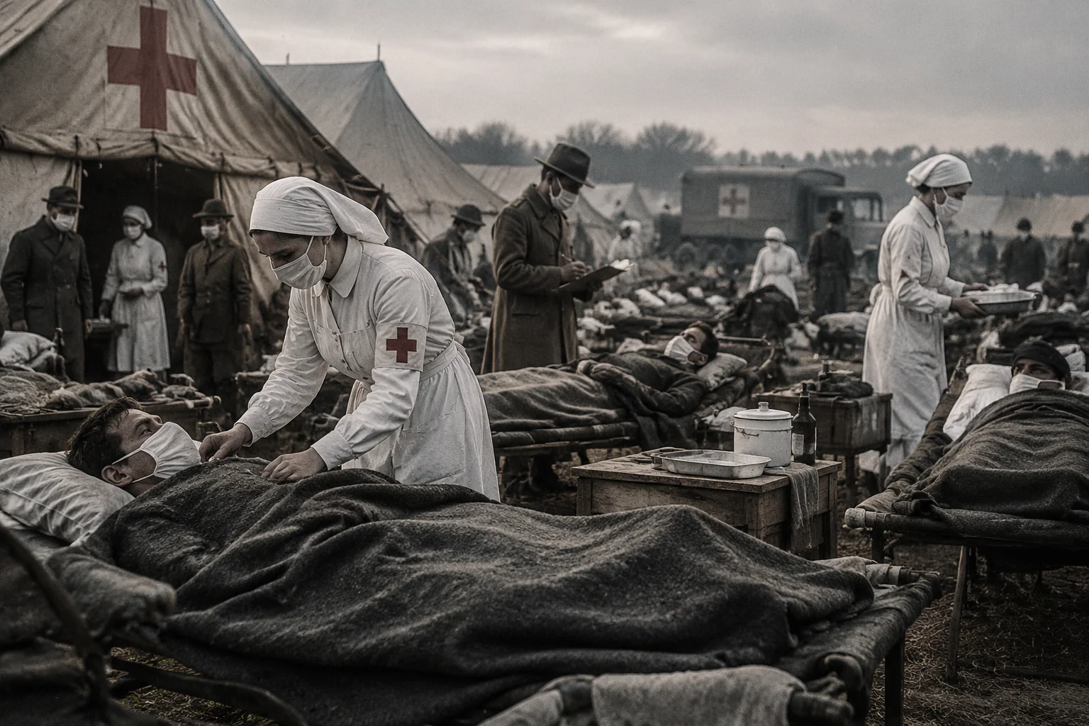 The Single Worst Time Period in Human History? What the Evidence Actually Shows 16 Open-air field hospital during the 1918 influenza pandemic, nurses and patients with masks, muted wartime tones.
