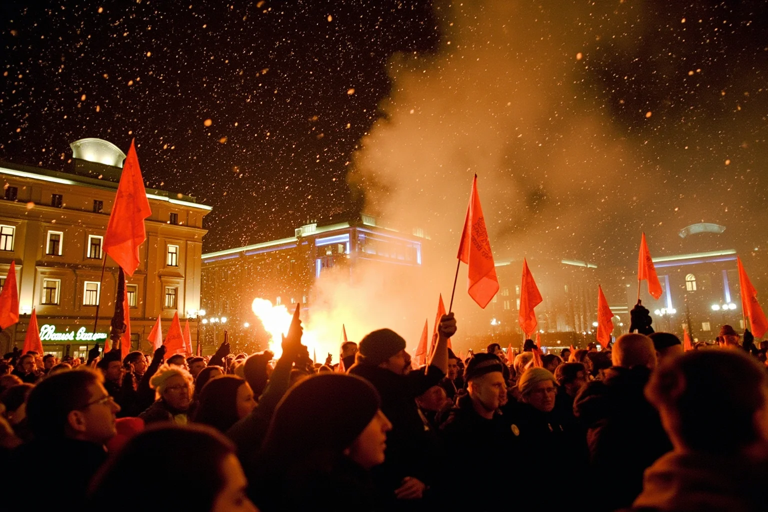 21 Times Governments Were Overthrown by the People 16 Orange Revolution crowds in Kyiv's Independence Square, 2004, orange banners, snowy winter night, sea of protesters.