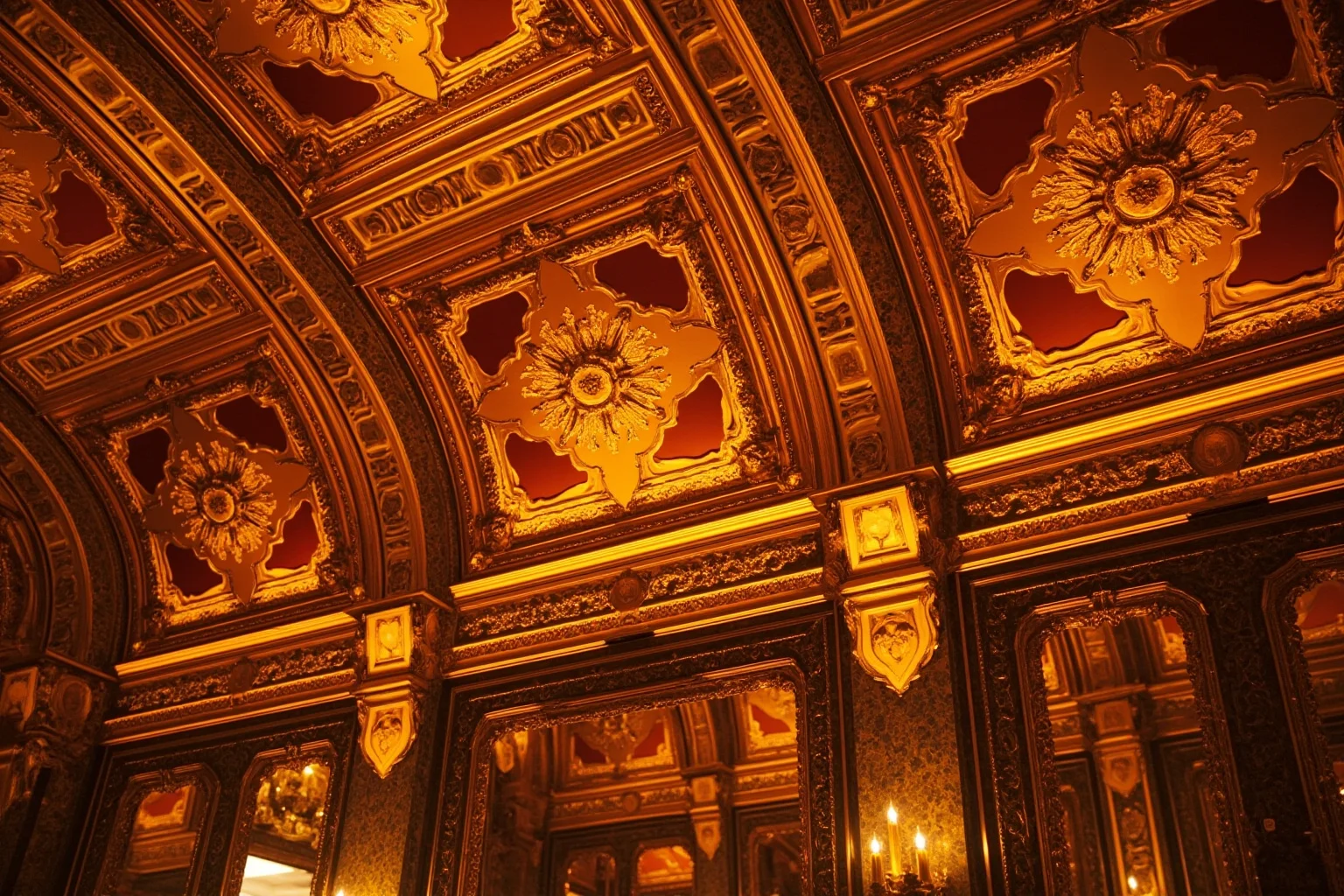 Ornate amber and gold wall panels glowing warmly in a grand palace room, baroque mirrors and gilded frames