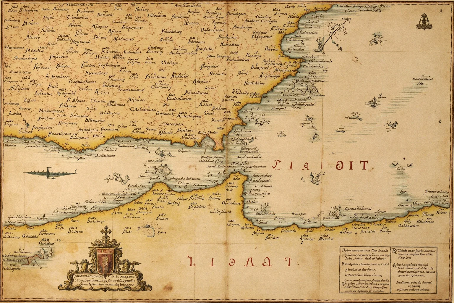 Ottoman admiral Piri Reis map from 1513 showing coastlines, aged parchment, cartography details, photorealistic