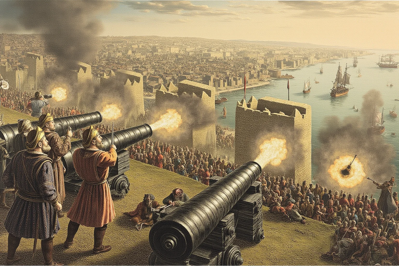 25 Epic Battles of History: The Greatest Clashes That Shaped Our World 19 Ottoman cannons bombarding the massive walls of Constantinople during the 1453 siege, smoke and ships in the harbor, historical illustration