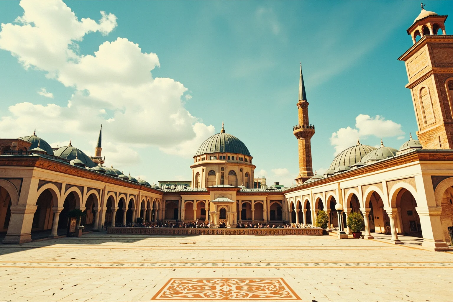 Ottoman palace courtyard with a domed mosque and minarets on the skyline, ornate tiles and a calligraphy motif, illustration style