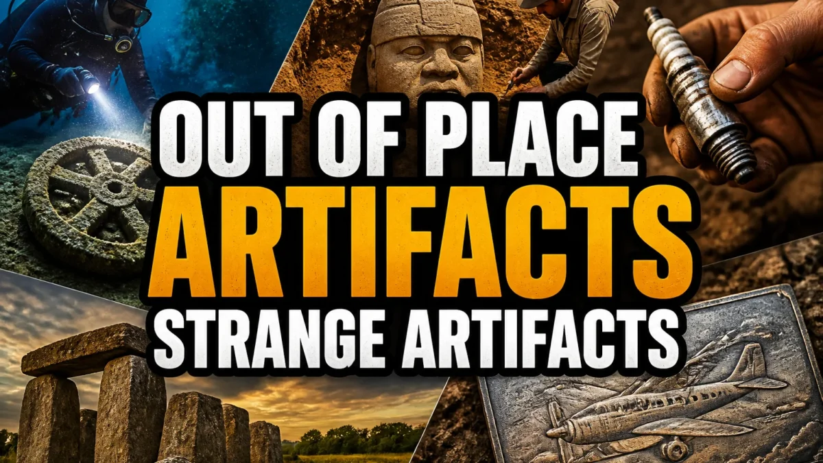 A bold, high-impact blog featured image in the style of a professional YouTube thumbnail or documentary poster. Create a dramatic photo-collage montage of 3-5 distinct historical scenes, subjects, or artifacts directly relevant to "Out of Place Artifacts: 25 Strange Artifacts Found Where They Shouldn't Be" — vivid, cinematic documentary-photography style, rich color grading, high contrast, dynamic diagonal composition blending the scenes together. Overlay a large, bold, stacked headline of text on top reading exactly: "OUT OF PLACE ARTIFACTS STRANGE ARTIFACTS". Render the headline in a heavy, condensed, high-contrast font with a black outline/stroke for legibility, mixing white text with a single vibrant accent color (gold, red, or orange) on the most important word or phrase for emphasis, spelled correctly. The headline text must be the dominant visual element — large, bold, and easy to read even at small thumbnail size. Vibrant, punchy, professional commercial photography and graphic-design composition. 16:9 landscape. Keep the headline text within the vertical center safe zone, away from the very top and bottom edges of the frame, since the image may be cropped afterward. No watermarks, no logos, no extra captions or invented text beyond the headline itself.