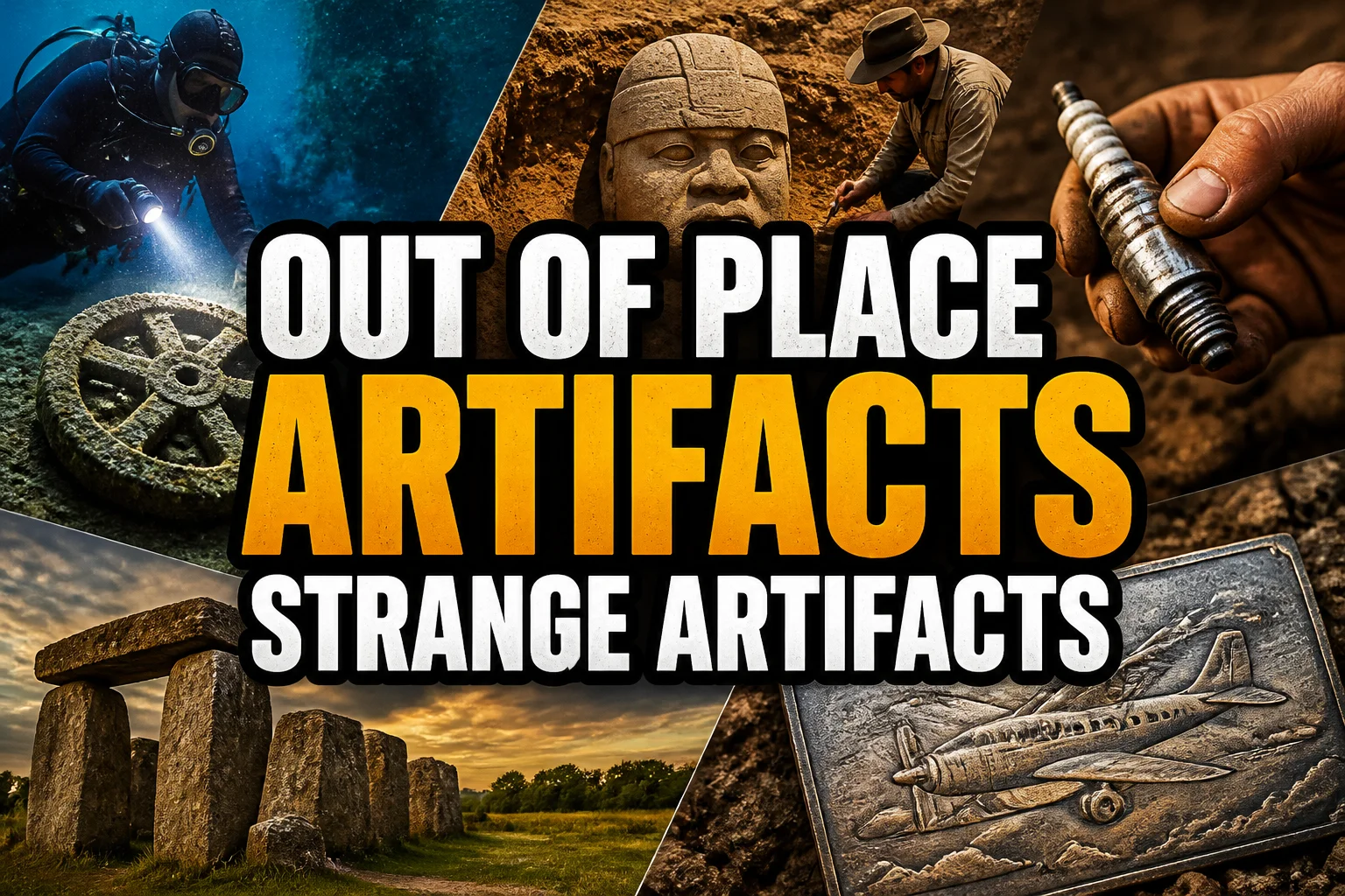 A bold, high-impact blog featured image in the style of a professional YouTube thumbnail or documentary poster. Create a dramatic photo-collage montage of 3-5 distinct historical scenes, subjects, or artifacts directly relevant to "Out of Place Artifacts: 25 Strange Artifacts Found Where They Shouldn't Be" — vivid, cinematic documentary-photography style, rich color grading, high contrast, dynamic diagonal composition blending the scenes together. Overlay a large, bold, stacked headline of text on top reading exactly: "OUT OF PLACE ARTIFACTS STRANGE ARTIFACTS". Render the headline in a heavy, condensed, high-contrast font with a black outline/stroke for legibility, mixing white text with a single vibrant accent color (gold, red, or orange) on the most important word or phrase for emphasis, spelled correctly. The headline text must be the dominant visual element — large, bold, and easy to read even at small thumbnail size. Vibrant, punchy, professional commercial photography and graphic-design composition. 16:9 landscape. Keep the headline text within the vertical center safe zone, away from the very top and bottom edges of the frame, since the image may be cropped afterward. No watermarks, no logos, no extra captions or invented text beyond the headline itself.
