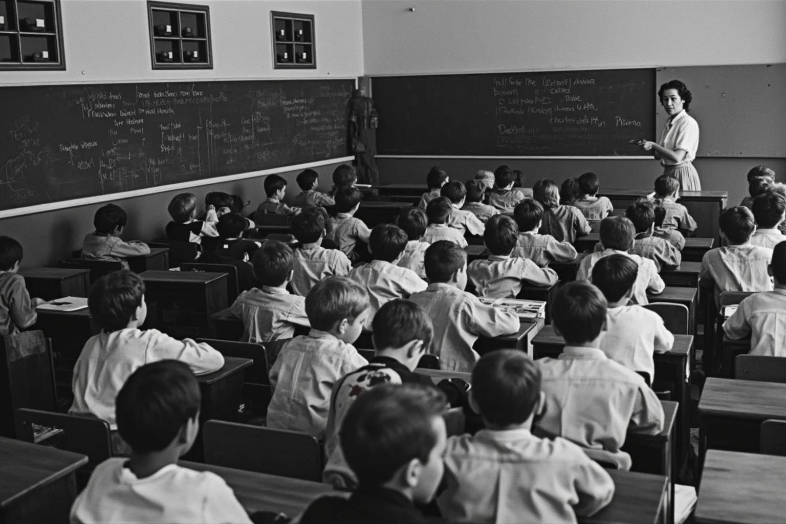Overcrowded 1950s elementary classroom with rows of desks full of children and a teacher at a chalkboard