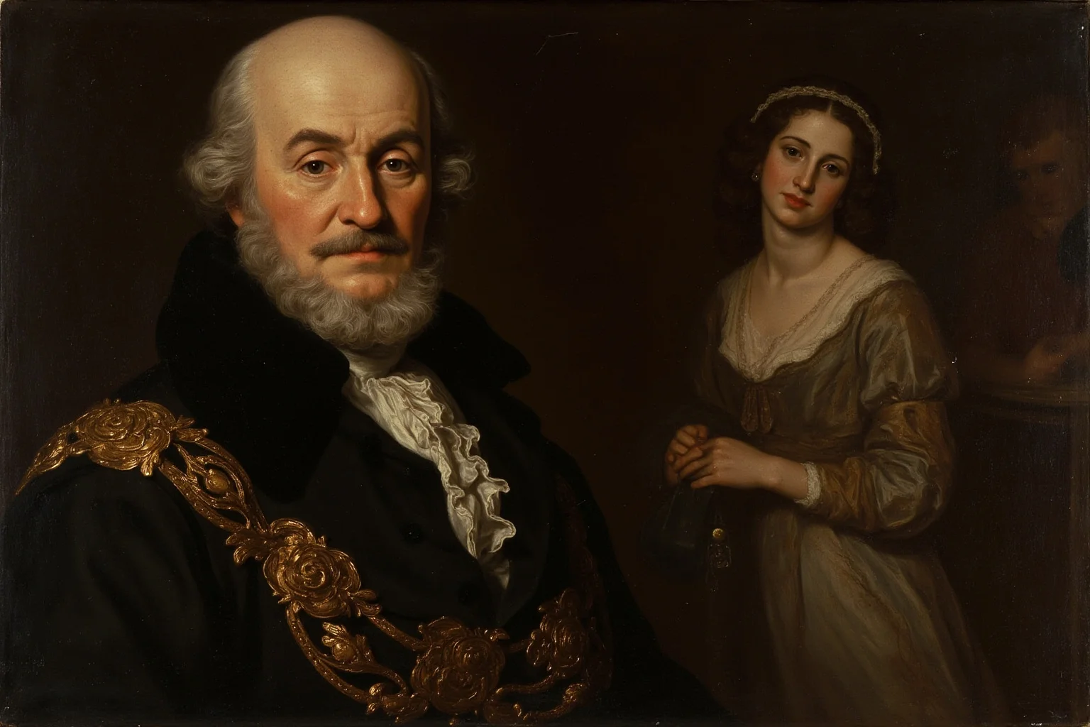 Painterly 17th-century French aristocratic household scene with a powerful older nobleman and a young woman in the background, subdued and respectful tone, no explicit content