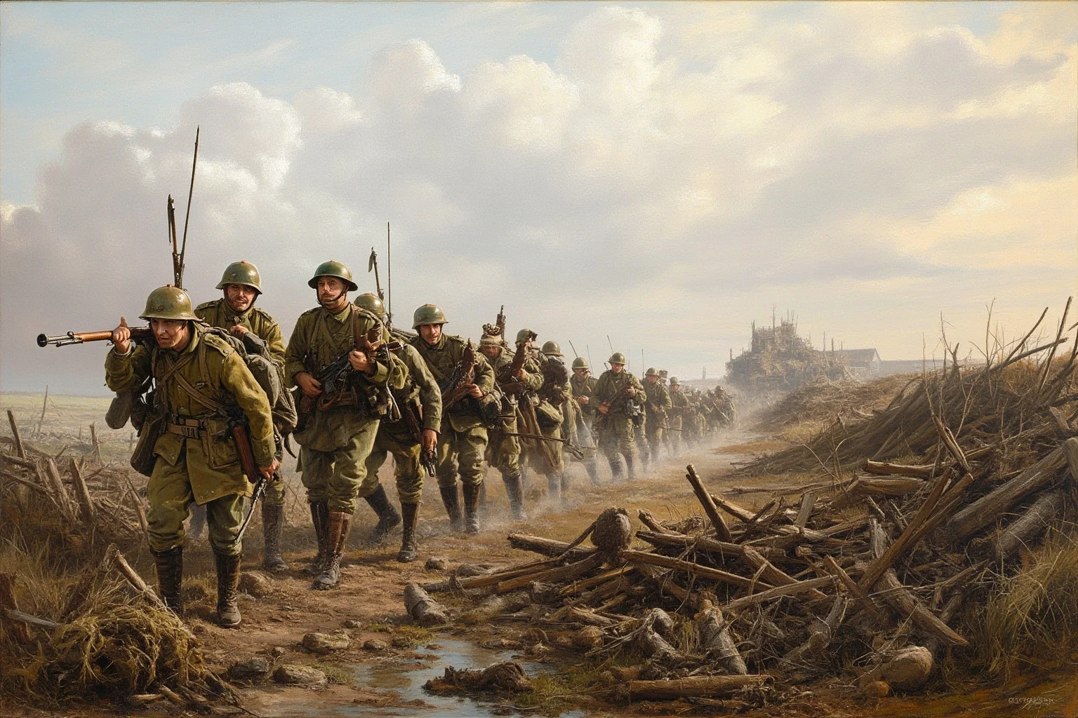 Painterly depiction of British infantry advancing across the shattered ground of the Somme in July 1916 with a ruined village in the distance