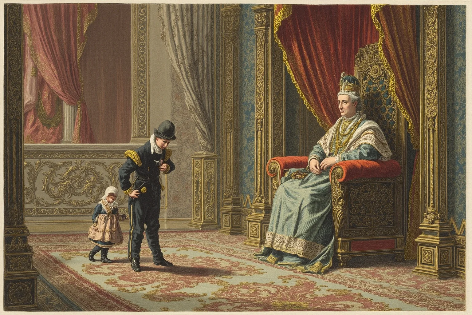 Painterly illustration of a small-statured performer bowing before a seated royal figure in an ornate palace room, Victorian era style