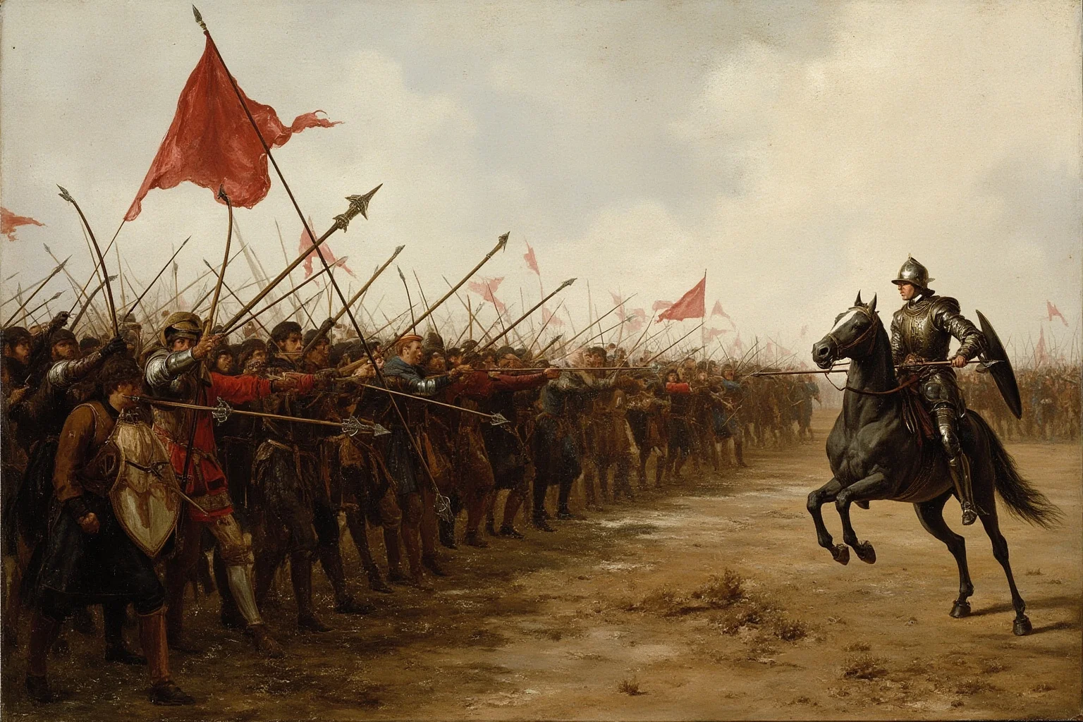 Painterly medieval battlefield with English longbowmen firing arrows over muddy ground toward armored knights, overcast sky, no recognisable faces