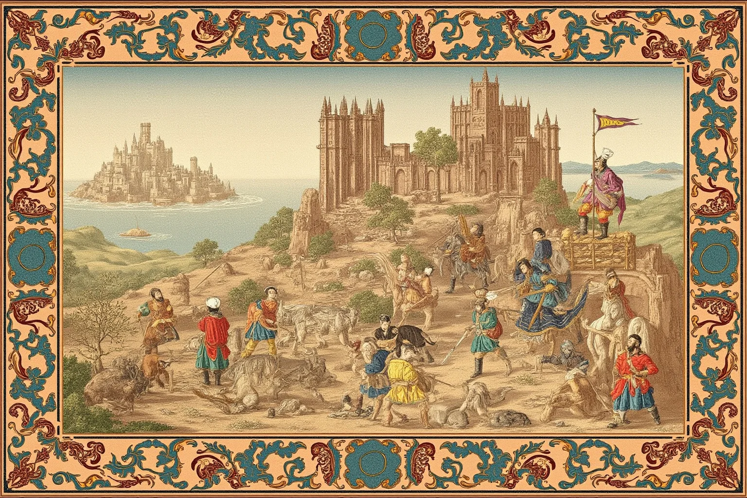 Painterly scene of Norman knights and a castle under construction, with a tapestry-style border, inspired by 11th-century Norman conquest imagery