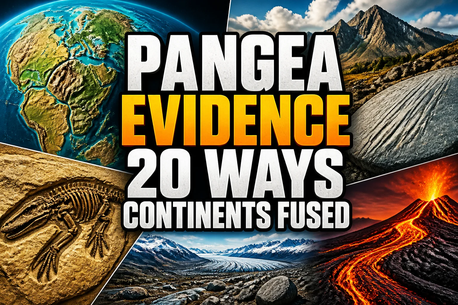 Pangea's Influence: 20 Ways We Can Tell How and Where the Continents Were Fused 2 A bold, high-impact blog featured image in the style of a professional YouTube thumbnail or documentary poster. Create a dramatic photo-collage montage of 3-5 distinct historical scenes, subjects, or artifacts directly relevant to "Pangea's Influence: 20 Ways We Can Tell How and Where the Continents Were Fused" — vivid, cinematic documentary-photography style, rich color grading, high contrast, dynamic diagonal composition blending the scenes together. Overlay a large, bold, stacked headline of text on top reading exactly: "PANGEA EVIDENCE 20 WAYS CONTINENTS FUSED". Render the headline in a heavy, condensed, high-contrast font with a black outline/stroke for legibility, mixing white text with a single vibrant accent color (gold, red, or orange) on the most important word or phrase for emphasis, spelled correctly. The headline text must be the dominant visual element — large, bold, and easy to read even at small thumbnail size. Vibrant, punchy, professional commercial photography and graphic-design composition. 16:9 landscape. Keep the headline text within the vertical center safe zone, away from the very top and bottom edges of the frame, since the image may be cropped afterward. No watermarks, no logos, no extra captions or invented text beyond the headline itself.