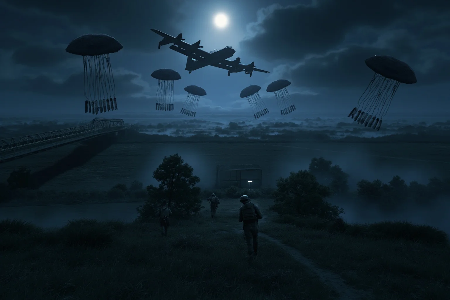 The Turning Point? 20 Facts About the Battle of Normandy 7 Paratroopers descending at night over Norman fields while glider aircraft land near a small bridge, dramatic moonlit illustration