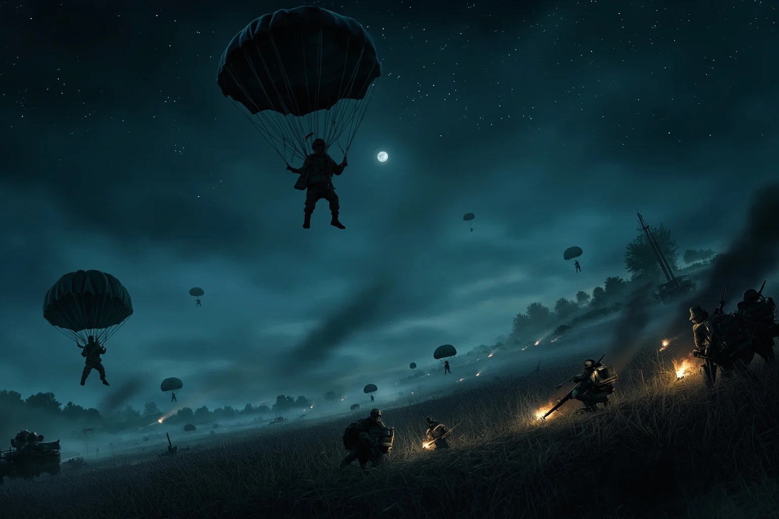 Military Tactics That Seemed Brilliant: 20 That Were Pure Desperation 10 Paratroopers descending from the night sky over Normandy, scattered landing zones, searchlights and confusion, World War II illustration