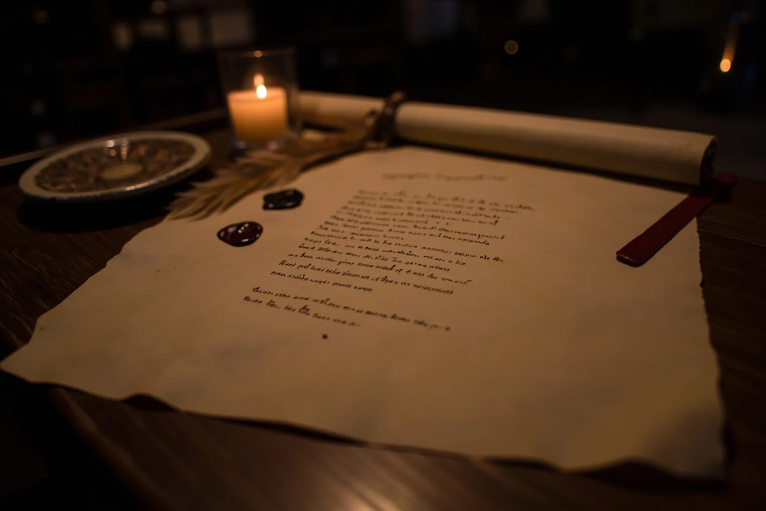 20 Facts About Anne Boleyn: Myths, History and Real Life 17 Parchment scroll with indictment text, a quill, and a wax seal on a table in the Tower of London, dim candlelight