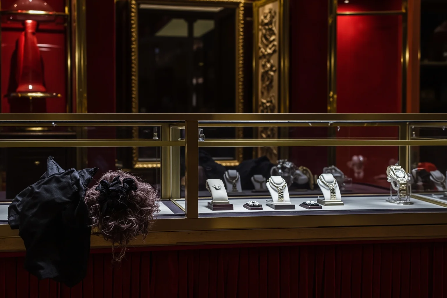Paris luxury boutique at night, empty display cases of diamonds and watches, a wig and gloves left on the counter, red velvet and gold interiors.