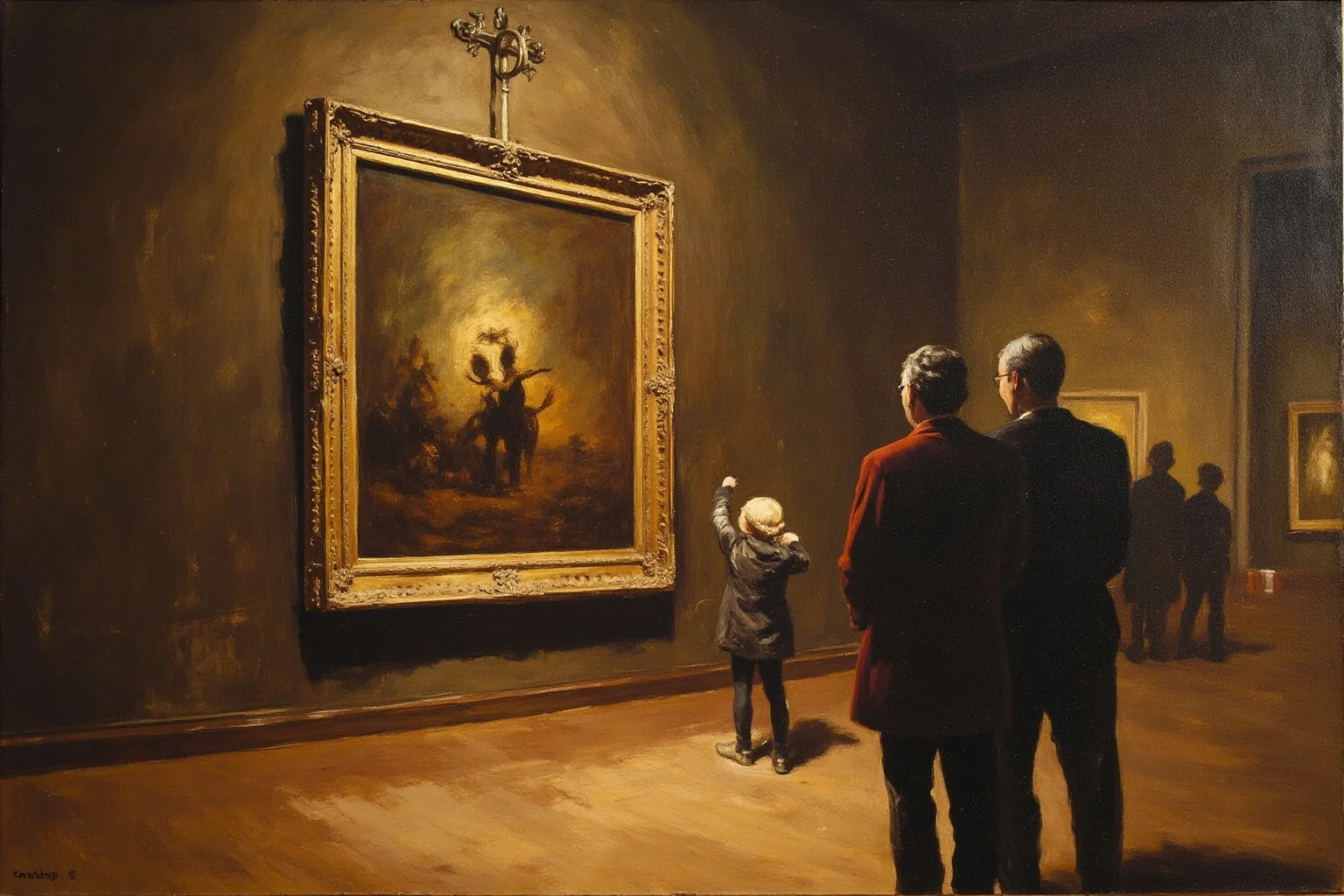 Paris museum gallery in 1911, an empty picture hook on a grand wall where a famous portrait once hung, curious visitors staring, warm gaslight, impressionist style.