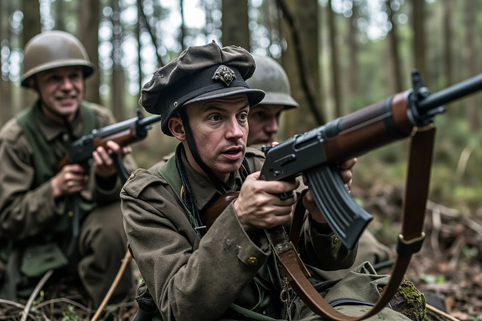 Military Tactics That Seemed Brilliant: 20 That Were Pure Desperation 14 Partisan fighters in civilian clothes with captured weapons hiding in a forest, occupied Europe, World War II resistance scene