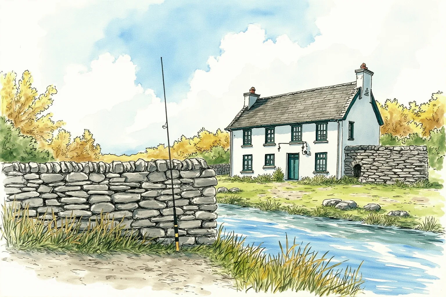 Peaceful illustration of an Irish country house beside a river in County Cork, with a fishing rod leaning against a stone wall