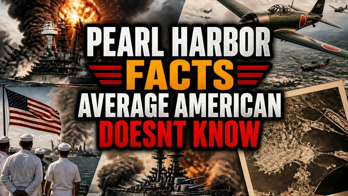 A bold, high-impact blog featured image in the style of a professional YouTube thumbnail or documentary poster. Create a dramatic photo-collage montage of 3-5 distinct historical scenes, subjects, or artifacts directly relevant to "Pearl Harbor Facts That the Average American Doesn't Know" — vivid, cinematic documentary-photography style, rich color grading, high contrast, dynamic diagonal composition blending the scenes together. Overlay a large, bold, stacked headline of text on top reading exactly: "PEARL HARBOR FACTS AVERAGE AMERICAN DOESNT KNOW". Render the headline in a heavy, condensed, high-contrast font with a black outline/stroke for legibility, mixing white text with a single vibrant accent color (gold, red, or orange) on the most important word or phrase for emphasis, spelled correctly. The headline text must be the dominant visual element — large, bold, and easy to read even at small thumbnail size. Vibrant, punchy, professional commercial photography and graphic-design composition. 16:9 landscape. Keep the headline text within the vertical center safe zone, away from the very top and bottom edges of the frame, since the image may be cropped afterward. No watermarks, no logos, no extra captions or invented text beyond the headline itself.