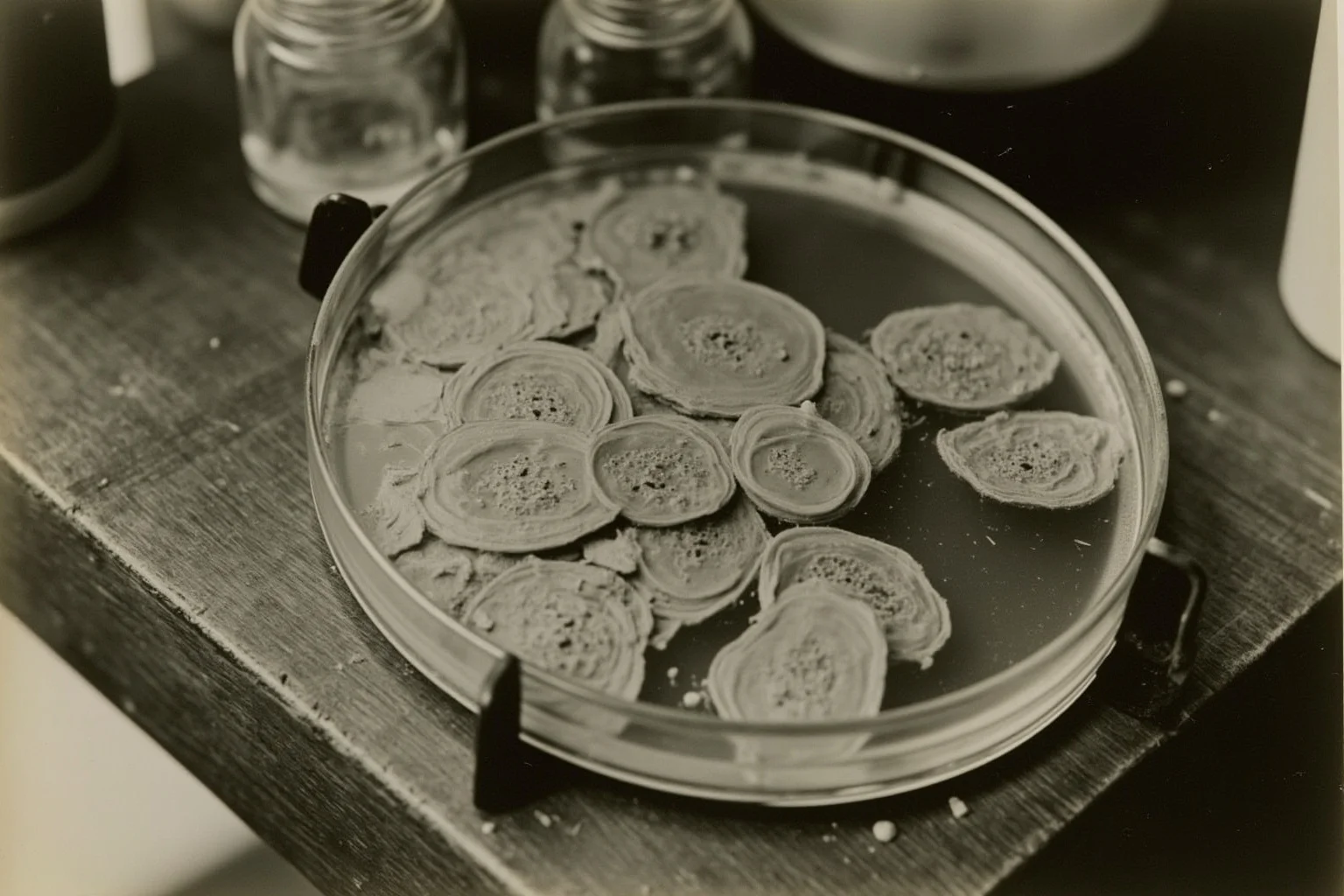 Petri dish with mold and bacterial colonies on a 1920s laboratory bench, vintage scientific photograph style
