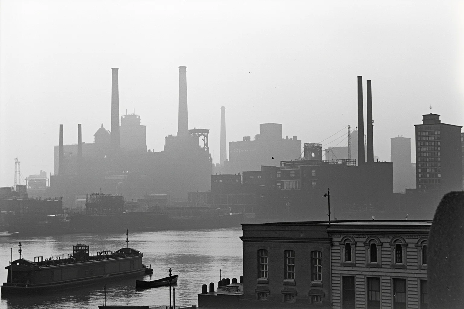 Old Money: 24 Hidden Dynasties That Shaped the Course of History 22 Pittsburgh's industrial skyline in the 1920s with chimneys, a river barge, and a stone bank building in the foreground, hazy morning light, no identifiable figures.