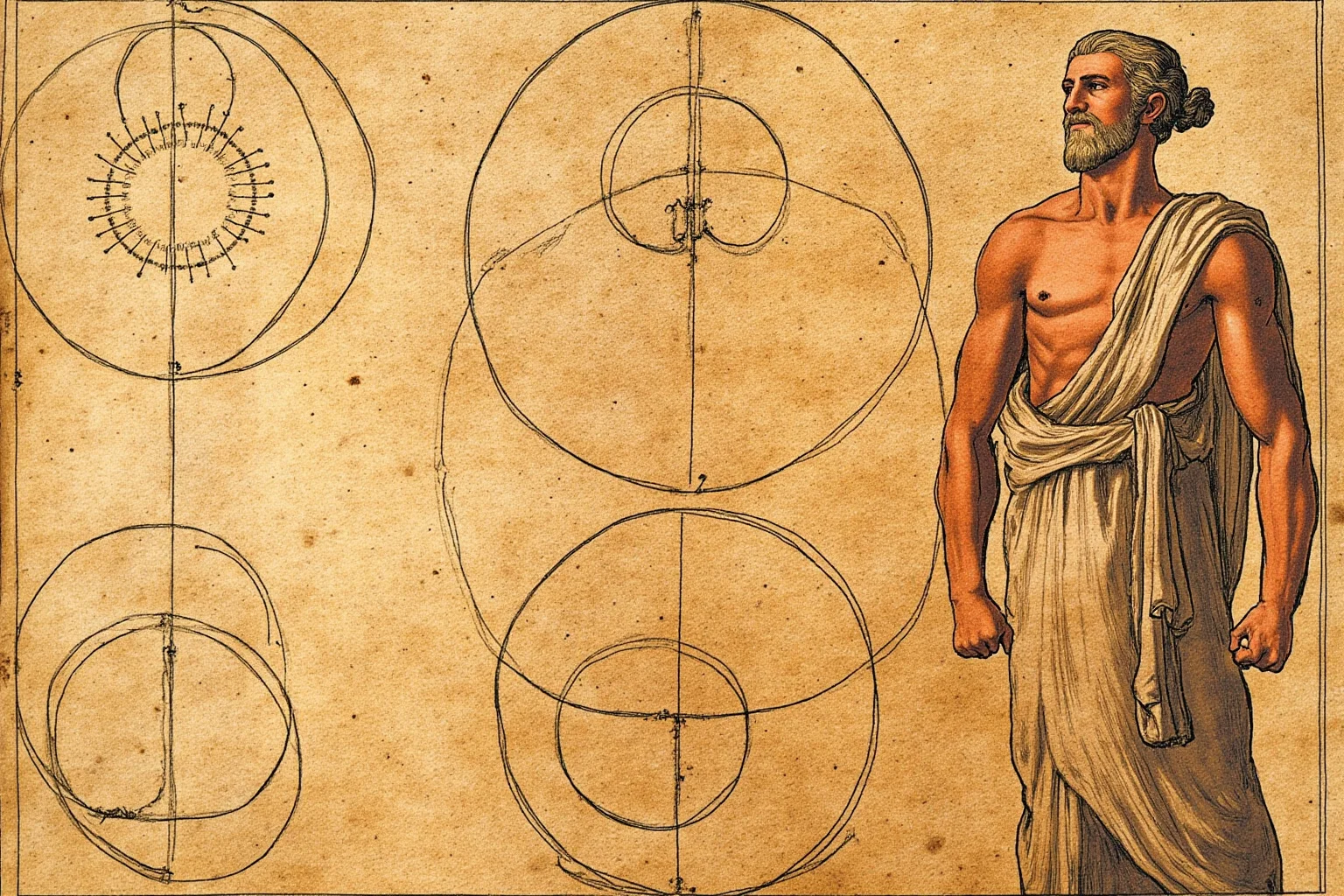 Plato's Timaeus-inspired cosmic craftsman shaping geometric circles and world soul, abstract classical Greek manuscript illustration, no text.