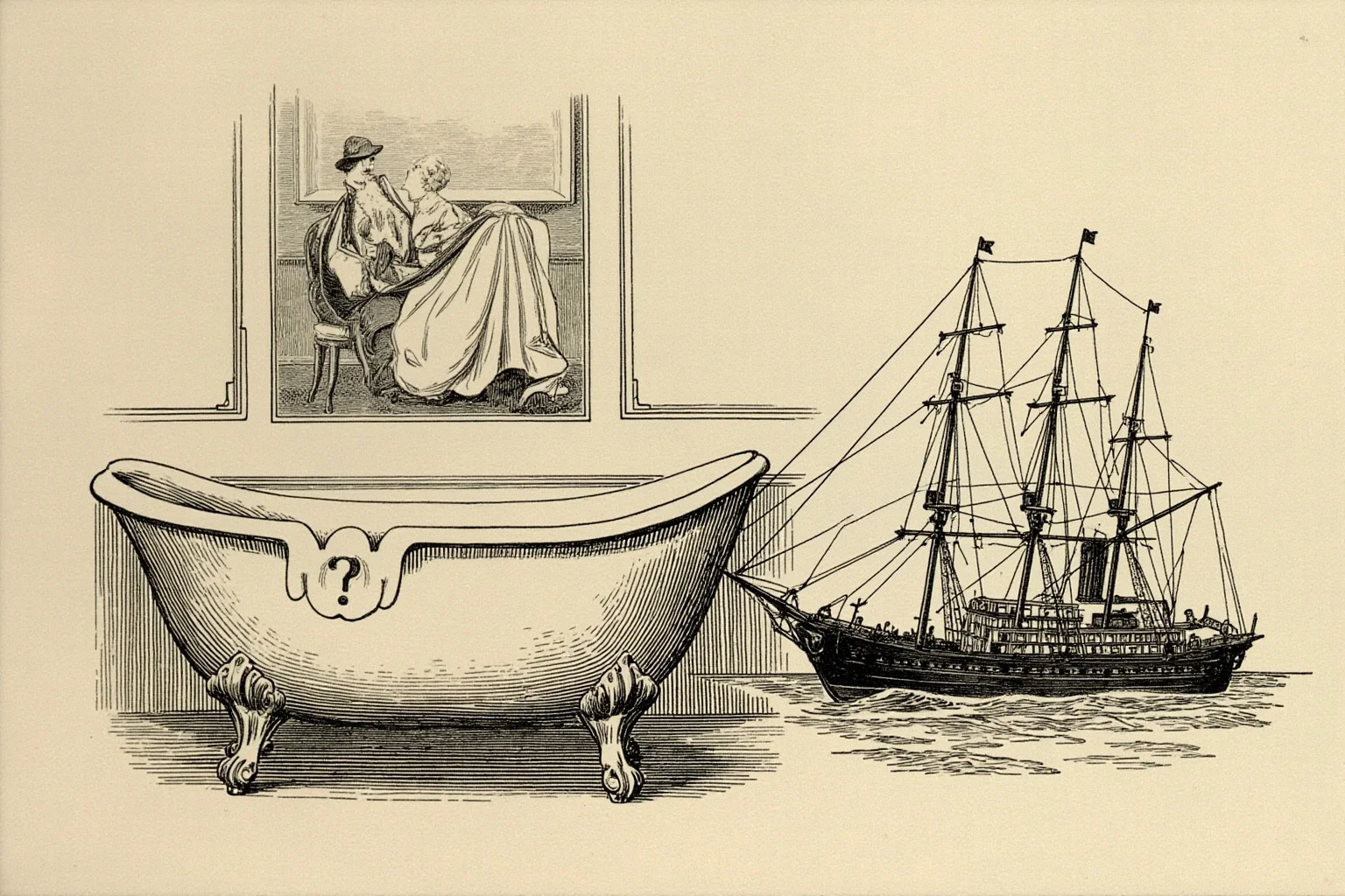 Playful vintage illustration of a Victorian-style bathtub in a formal parlor with a question mark above it, alongside a ship model heading to Japan