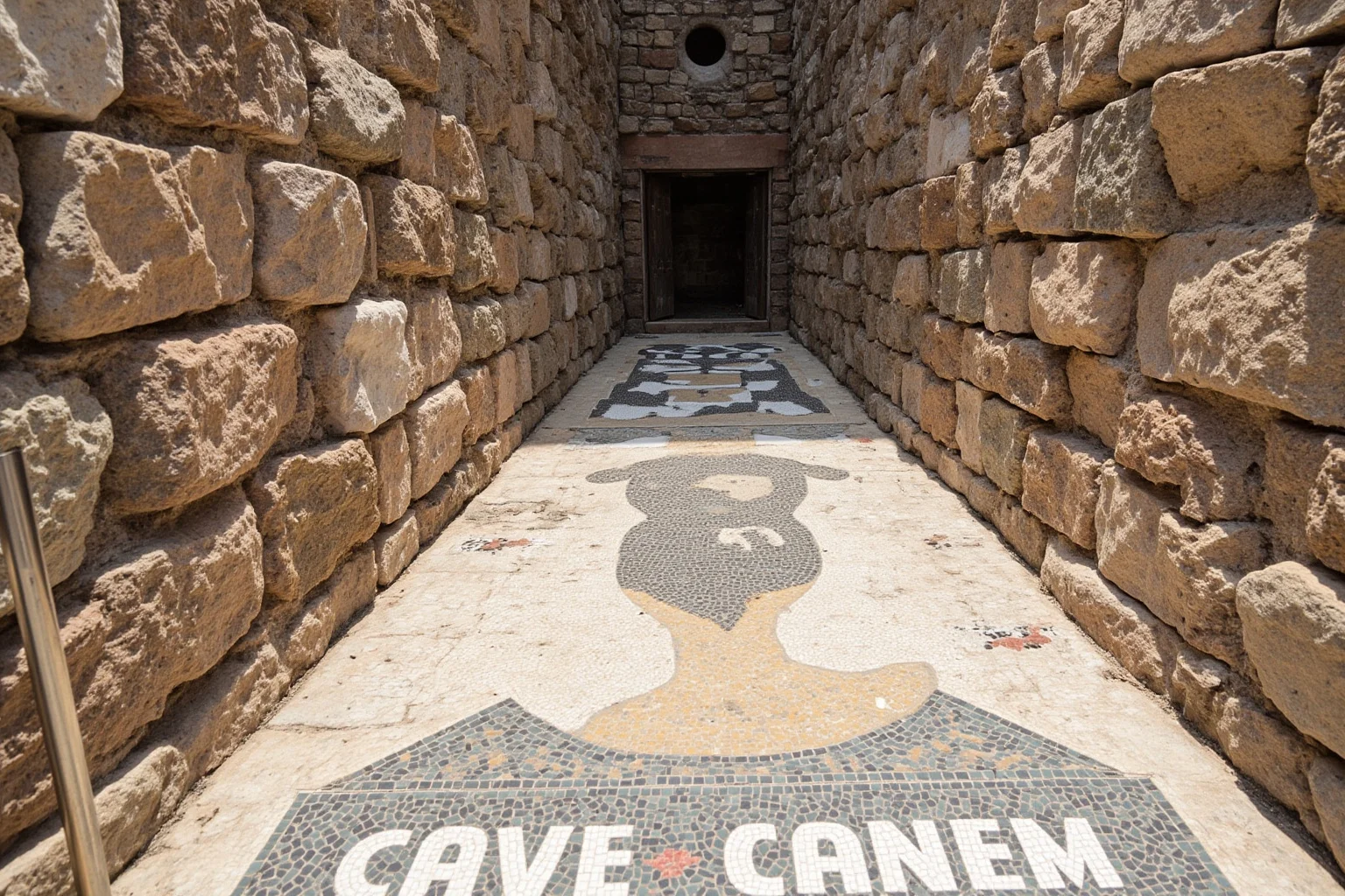 23 Ancient Graffiti Messages That Sound Shockingly Modern 12 Pompeii house entrance with a floor mosaic of a chained dog and the Latin words CAVE CANEM, bright Mediterranean daylight, no people.