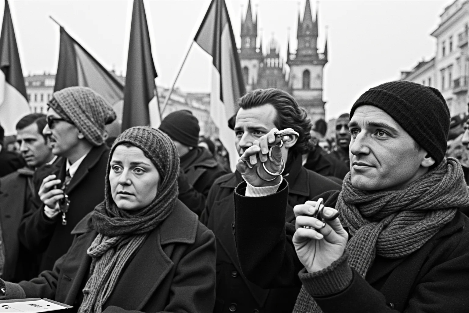 21 Times Governments Were Overthrown by the People 10 Prague protesters jingling keys in Wenceslas Square, 1989, winter coats, peaceful crowd, Czech flags, historical illustration.