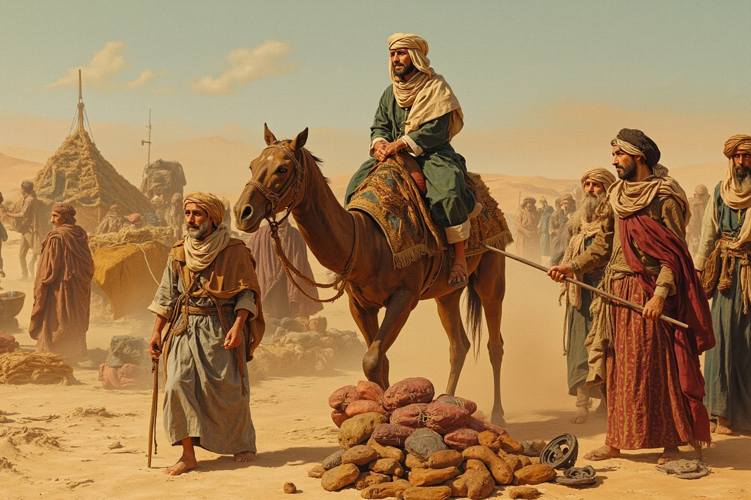 Richest Women in History: 22 Wealthiest Females of All Time 5 Pre-Islamic Arabian merchant caravan with a noblewoman overseeing trade goods in a desert setting