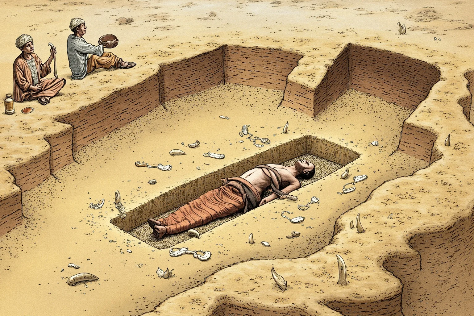 24 Facts About Prehistoric Humans 15 Prehistoric burial scene illustration with a body laid out and ivory beads scattered around, viewed respectfully from a distance.