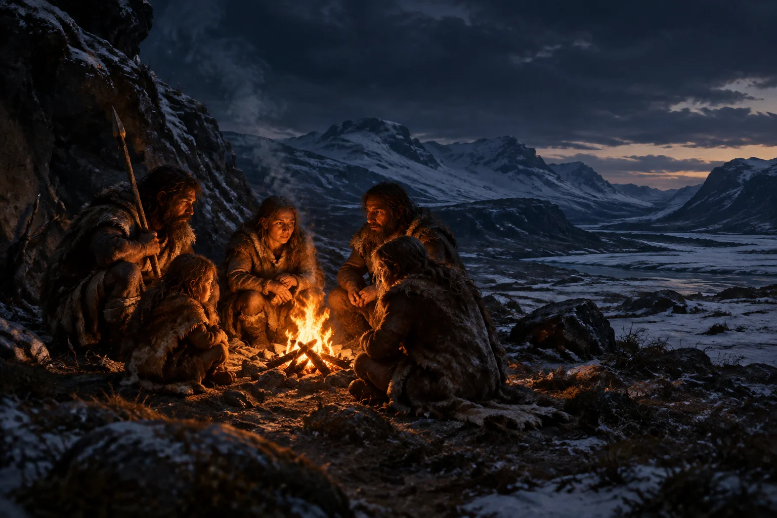 The Single Worst Time Period in Human History? What the Evidence Actually Shows 24 Prehistoric humans gathered in small numbers around a campfire in a harsh landscape, symbolic illustration of a population bottleneck, warm firelight against cool darkness.