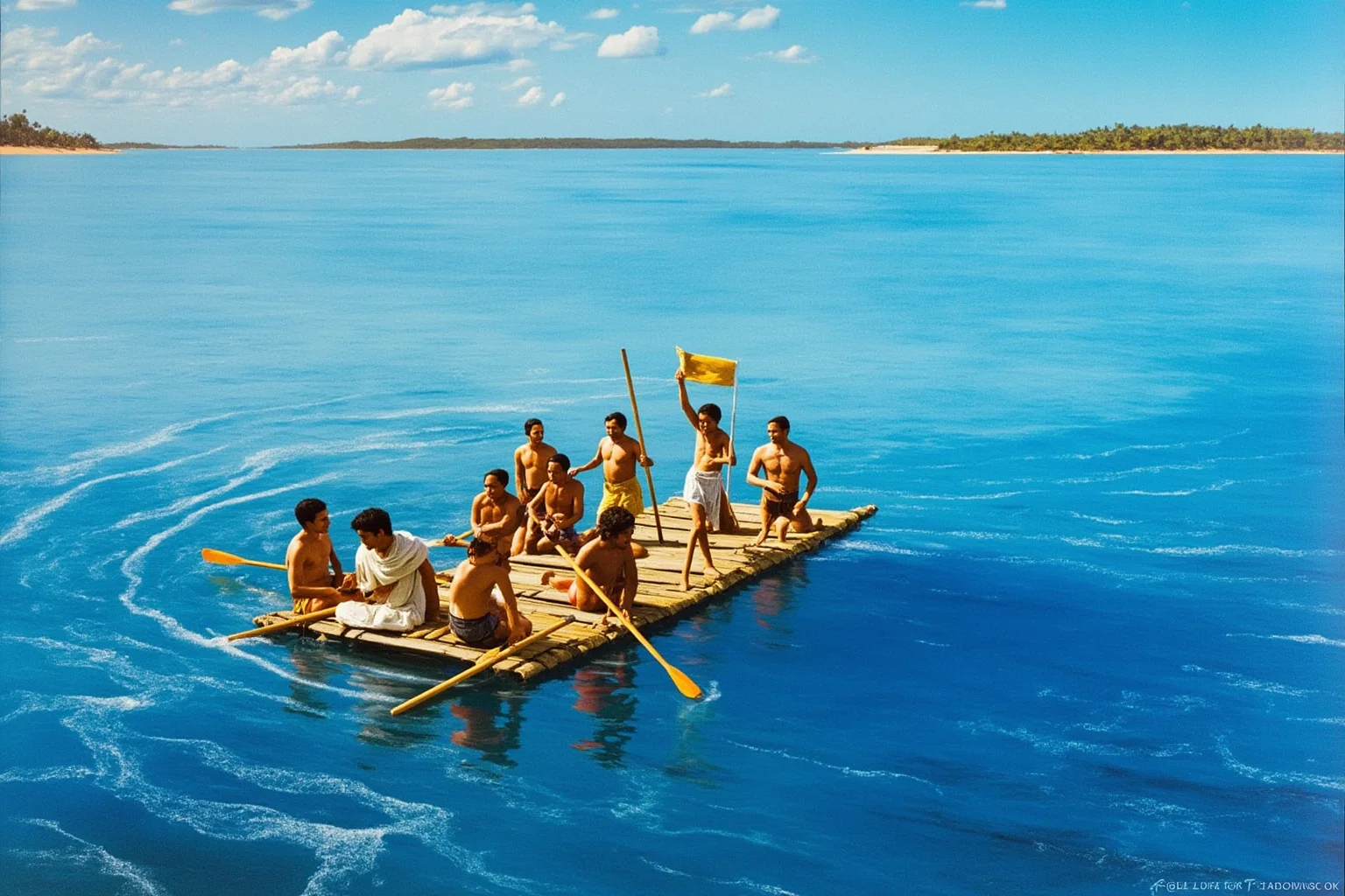 24 Facts About Prehistoric Humans 11 Prehistoric people paddling a simple raft across open blue water toward a distant coastline.