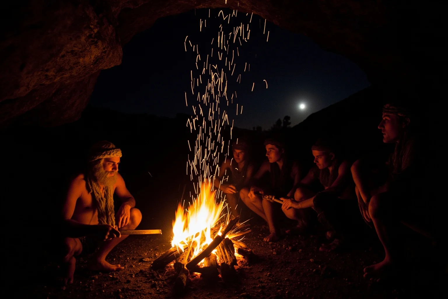 24 Facts About Prehistoric Humans 7 Prehistoric people tending a controlled campfire at the entrance of a cave, sparks rising into the night sky.