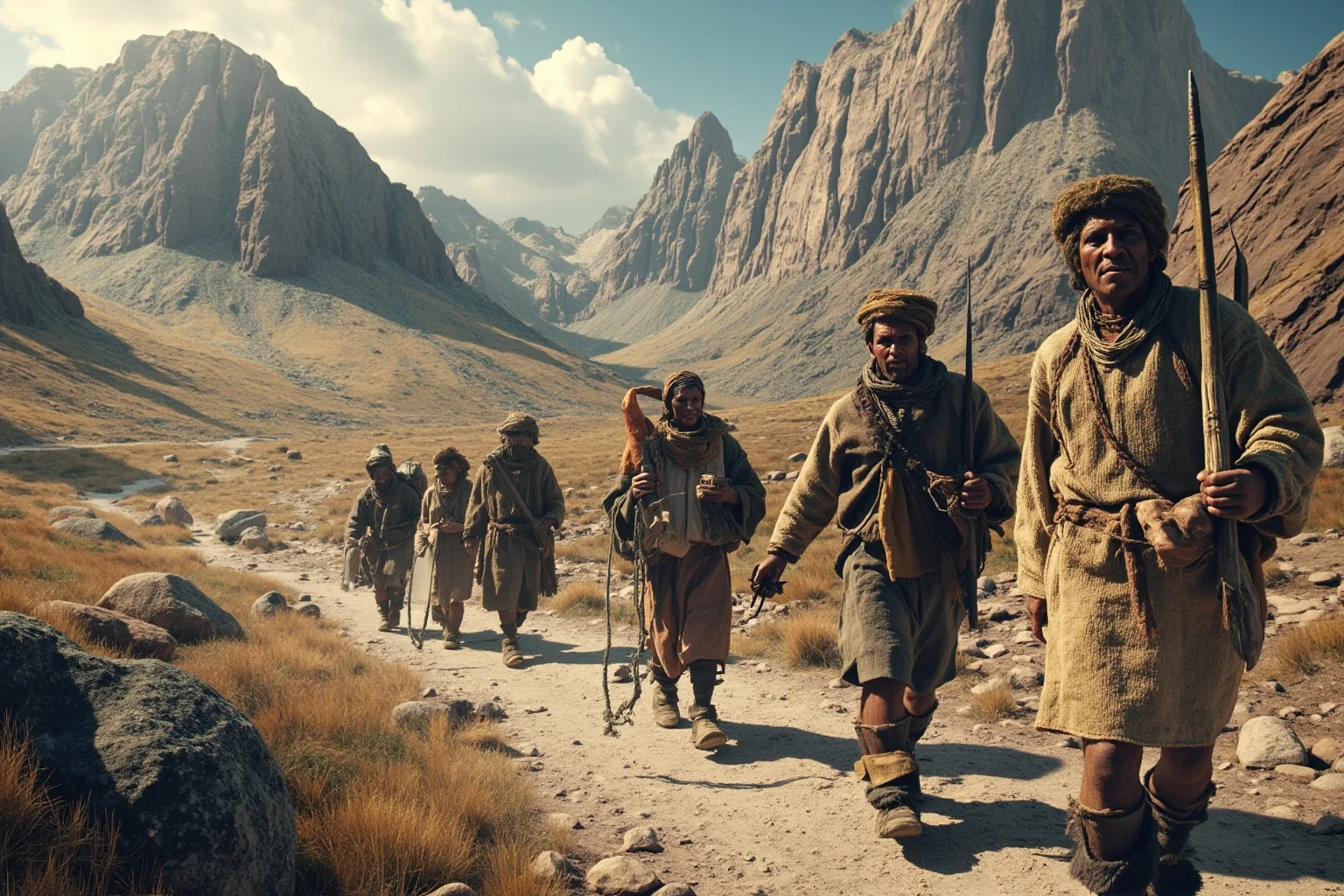 24 Facts About Prehistoric Humans 5 Prehistoric travellers carrying obsidian nodules and shell ornaments across a rocky mountain pass.