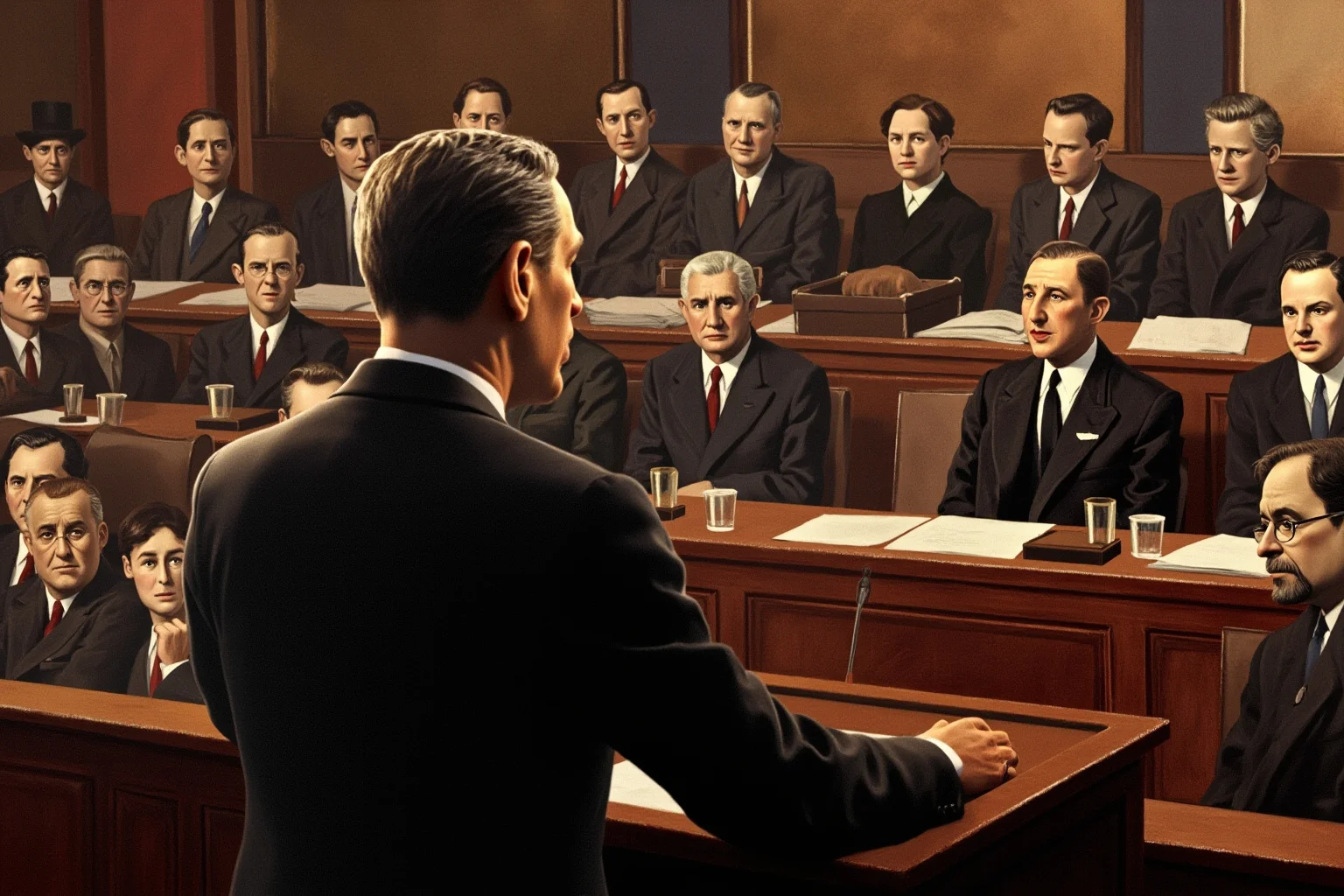 President addressing a joint session of Congress in 1941, viewed from behind the podium, historic chamber setting, painterly style